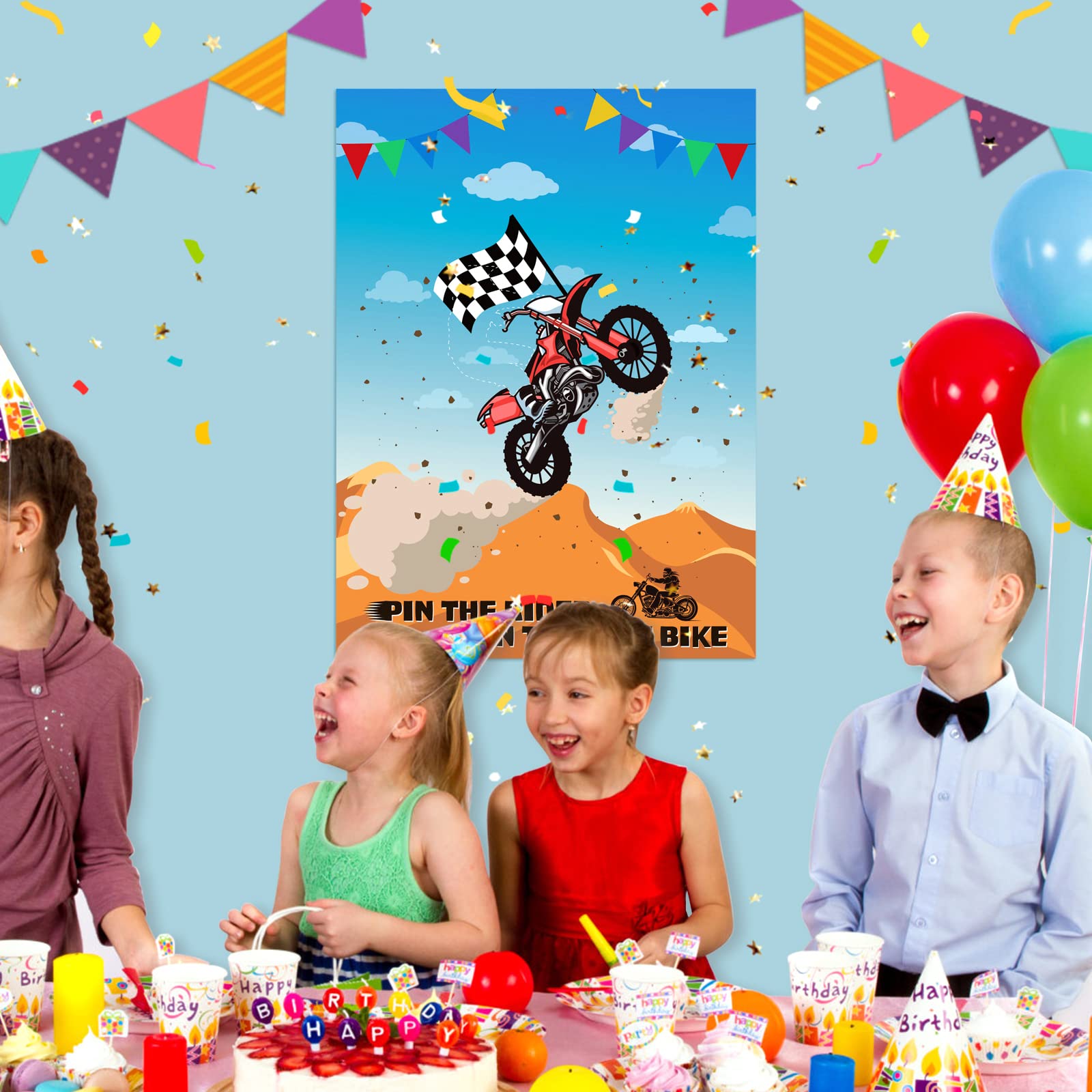 ASTARON Pin The Tail Games Pin The Rider on The Motocross Party Game con 30 adesivi per driver per Dirt Bike Forniture per feste a tema, feste per ragazzi e ragazze, sfondo per baby shower, regali di