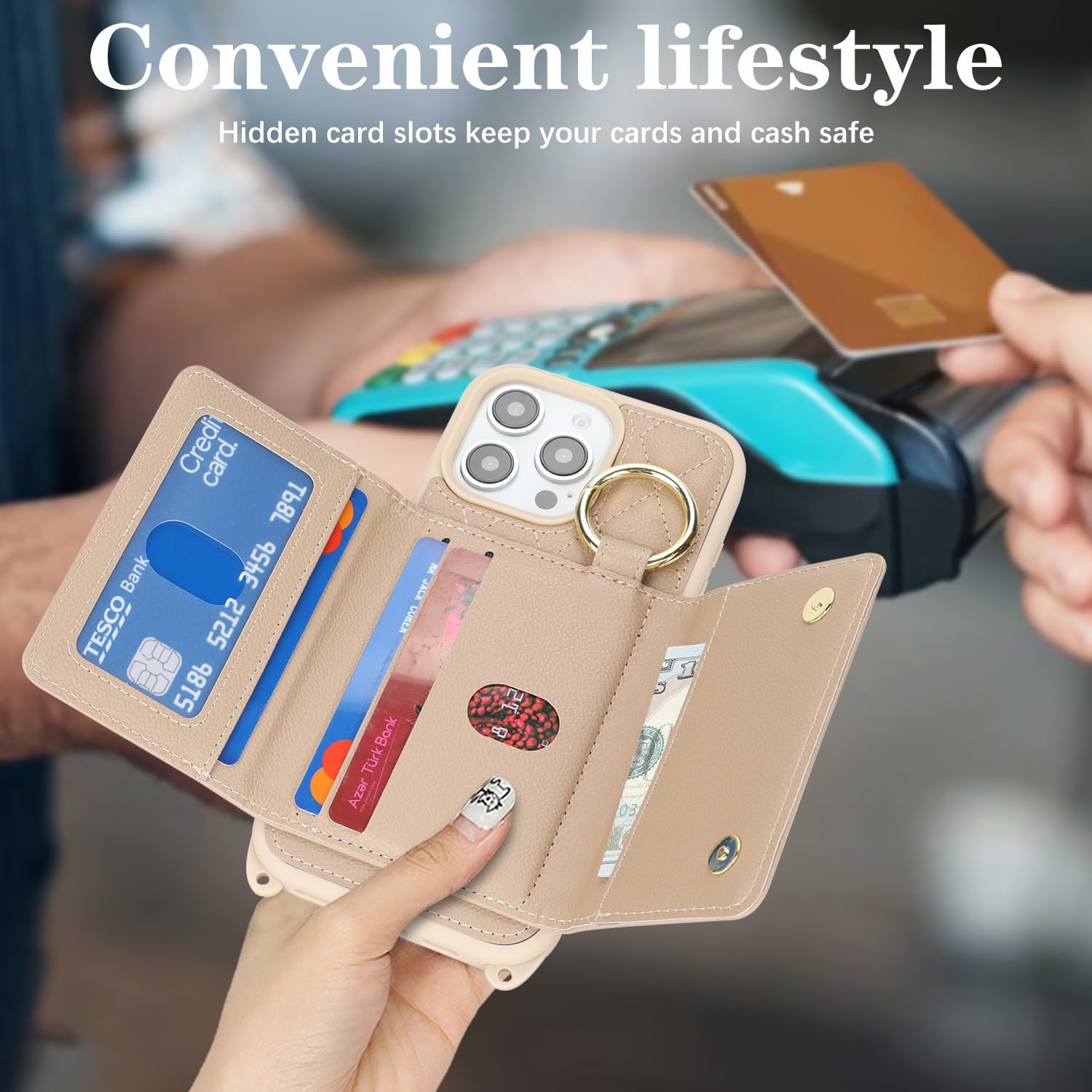 for iPhone 12 Pro Max Case with Card Holder and Strap for Women,Crossbody Lanyard, Make Up Mirror,Ring Stand,Snap Clasp,Cute Phone Wallet Cases 6.7 inch - Off-White