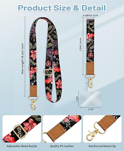 Miniatura 6 de Cordón cruzado para teléfono celular con correa para la muñeca, diseño de flores, para colgar alrededor del cuello, correa floral ajustable, para