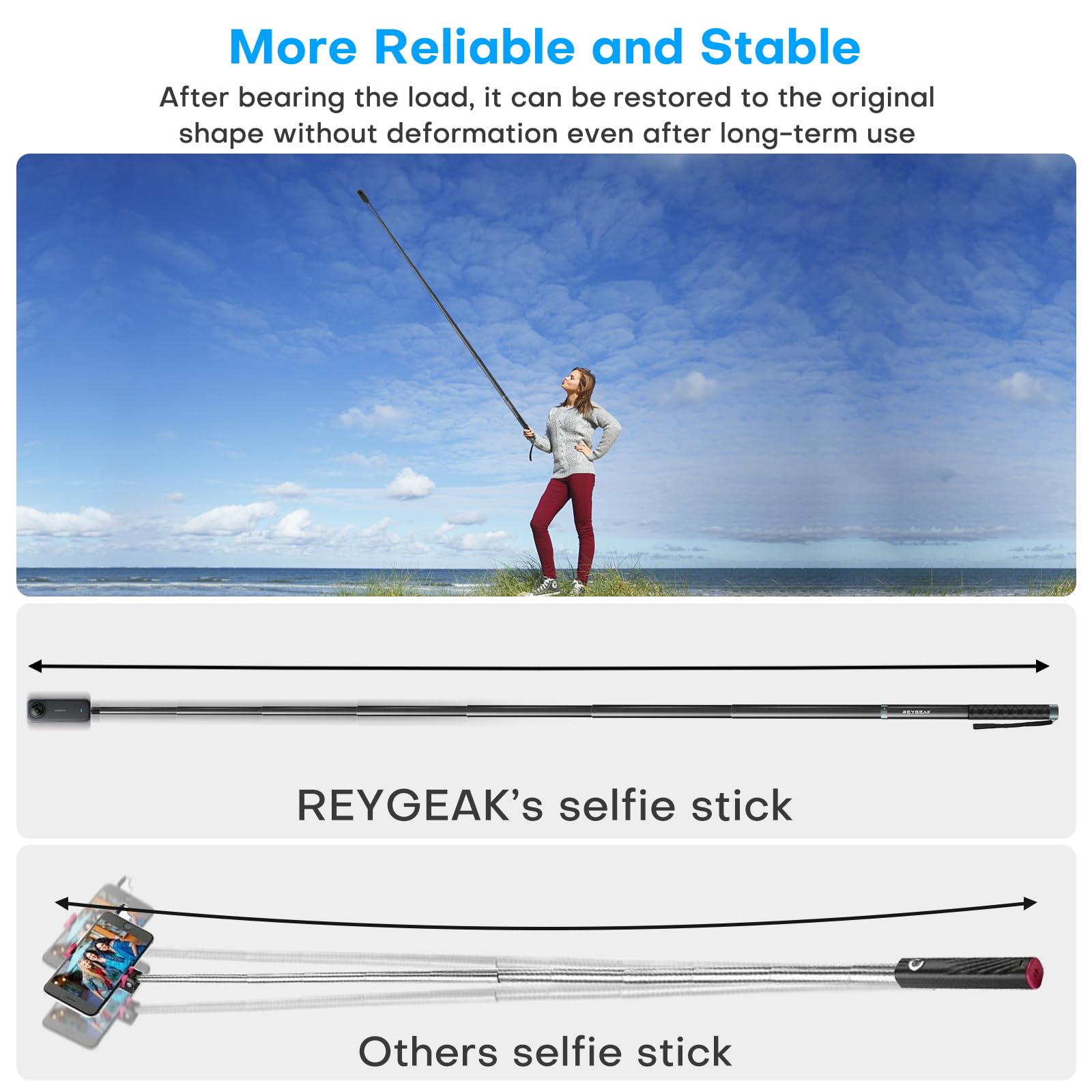 REYGEAK 300cm / 118 "Extended Selfie Rod pour insta360 X4, 7 Pieds Extra Long Invisible Selfie Rod avec 1/4 vis Fibre de Carbone Étanche Extension Monopode pour inst360 X4 / X3 /X2 / One