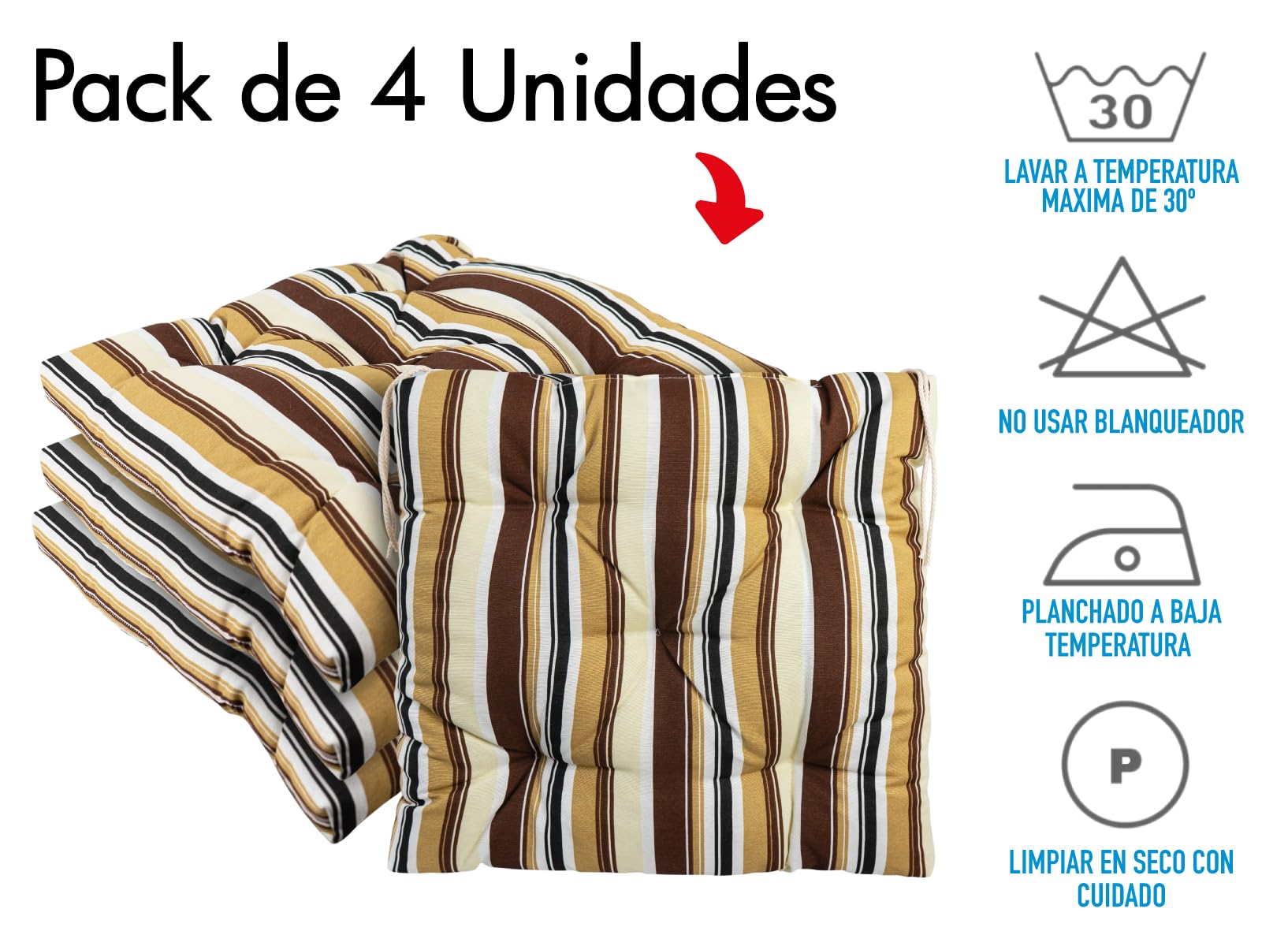 CHELY INTERMARKET Cojines Silla 40x40cm Pack 4 Unidades Relleno Mullido Marrón Raya 5 Pespuntes Acolchado Exterior Interior Decorativos Suaves Estables Lavables Terraza Jardín