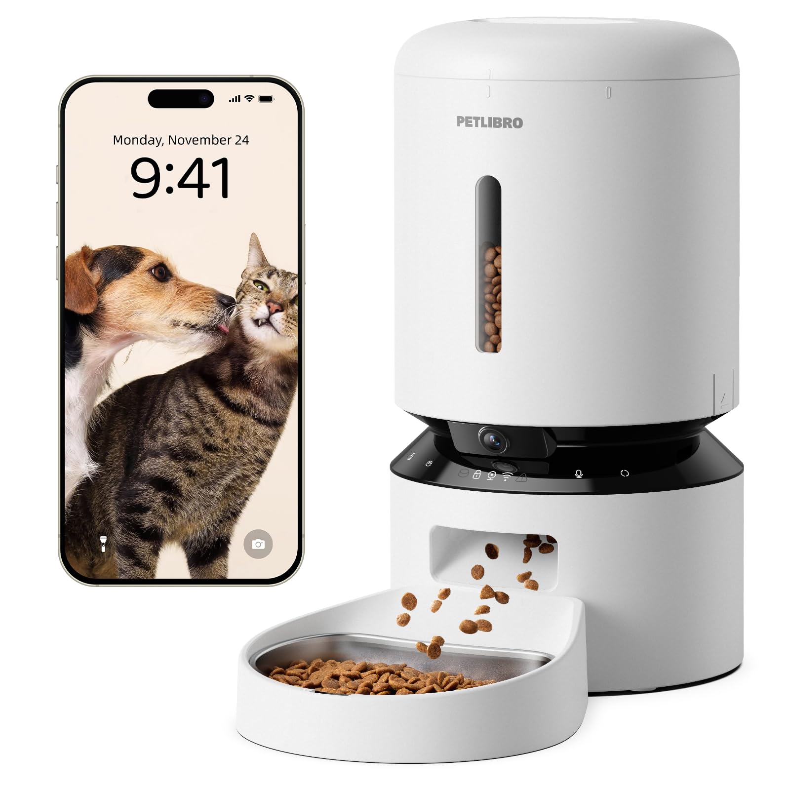 Automatic Cat Feeder with Camera, 1080p HD Live Monitoring, Remote App Control with 5 GHz Wi-Fi, Two-Way Audio Interaction, AI Motion Detection, Meal Scene Capture, Feeding Log Record