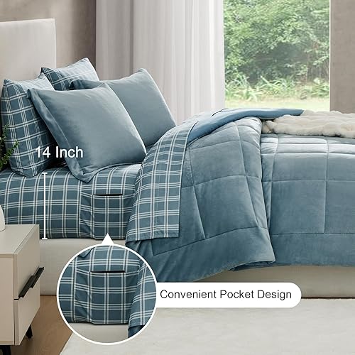 Miniatura 4 de Juego de cama de lujo en una bolsa, tamaño matrimonial, juego de ropa de cama de franela de felpa de 7 piezas de color azul claro, edredones de