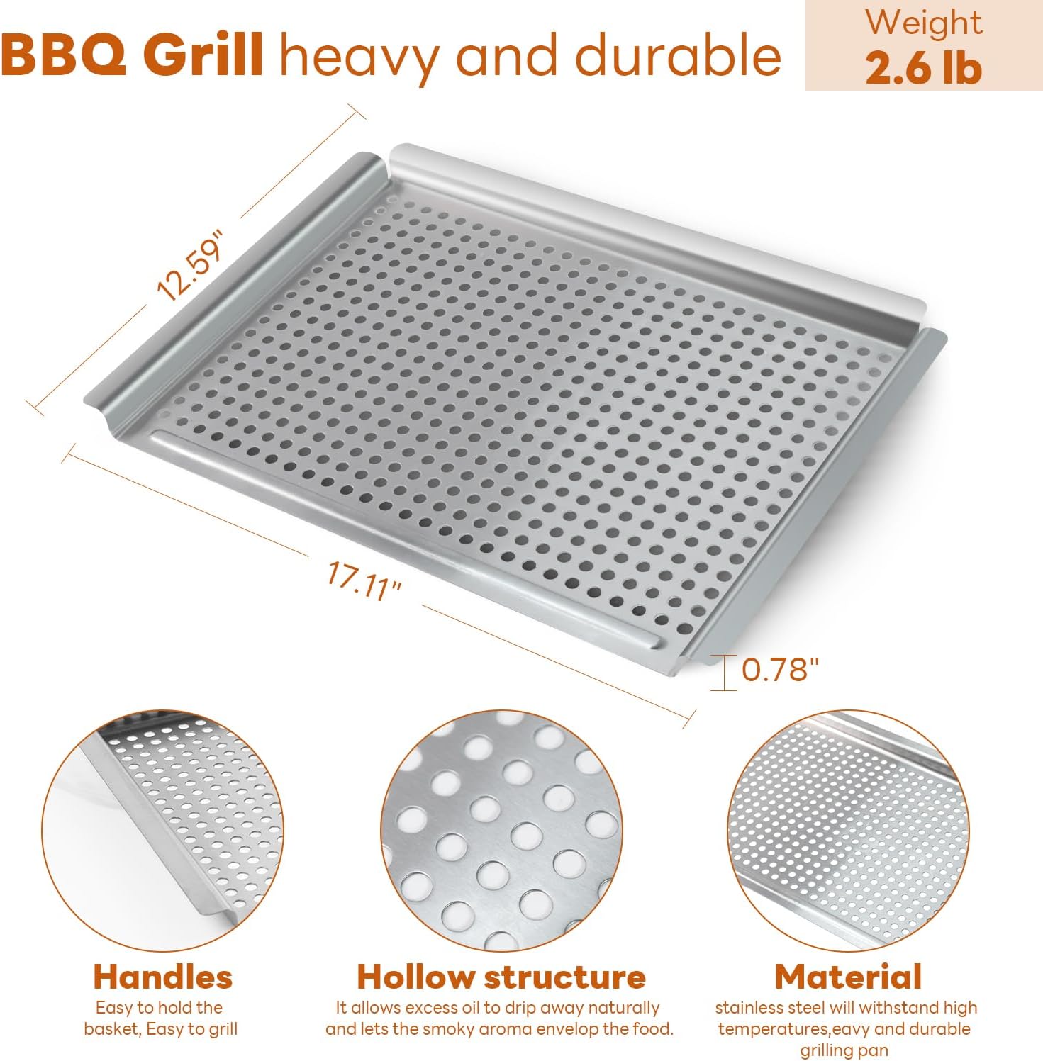 Grill pan, Grill topper for outdoor grill with hole, 17.7 * 12.6 Cooking Surface, Stainless steel grill pan for Gas Grill,camping or party (larger)
