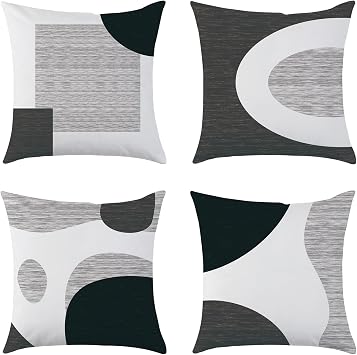 Black White Gray olive and forest green Abstract Throw Pillow Covers Set of 4 18x18 Inch - Modern Boho Minimalism Geometric Velvet Cushion Covers for Couch, Bed, Bedroom.