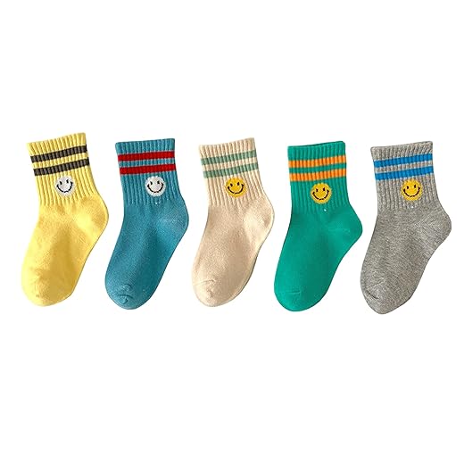 VILAVALI Baby Socks Cute Baby Boy and Girl Essentials Smile Happy Face Fun Socks for Toddlers Baby Gift (as1, alpha, 6_years, 8_years, White-Gray-Yellow-Teal-Blue)