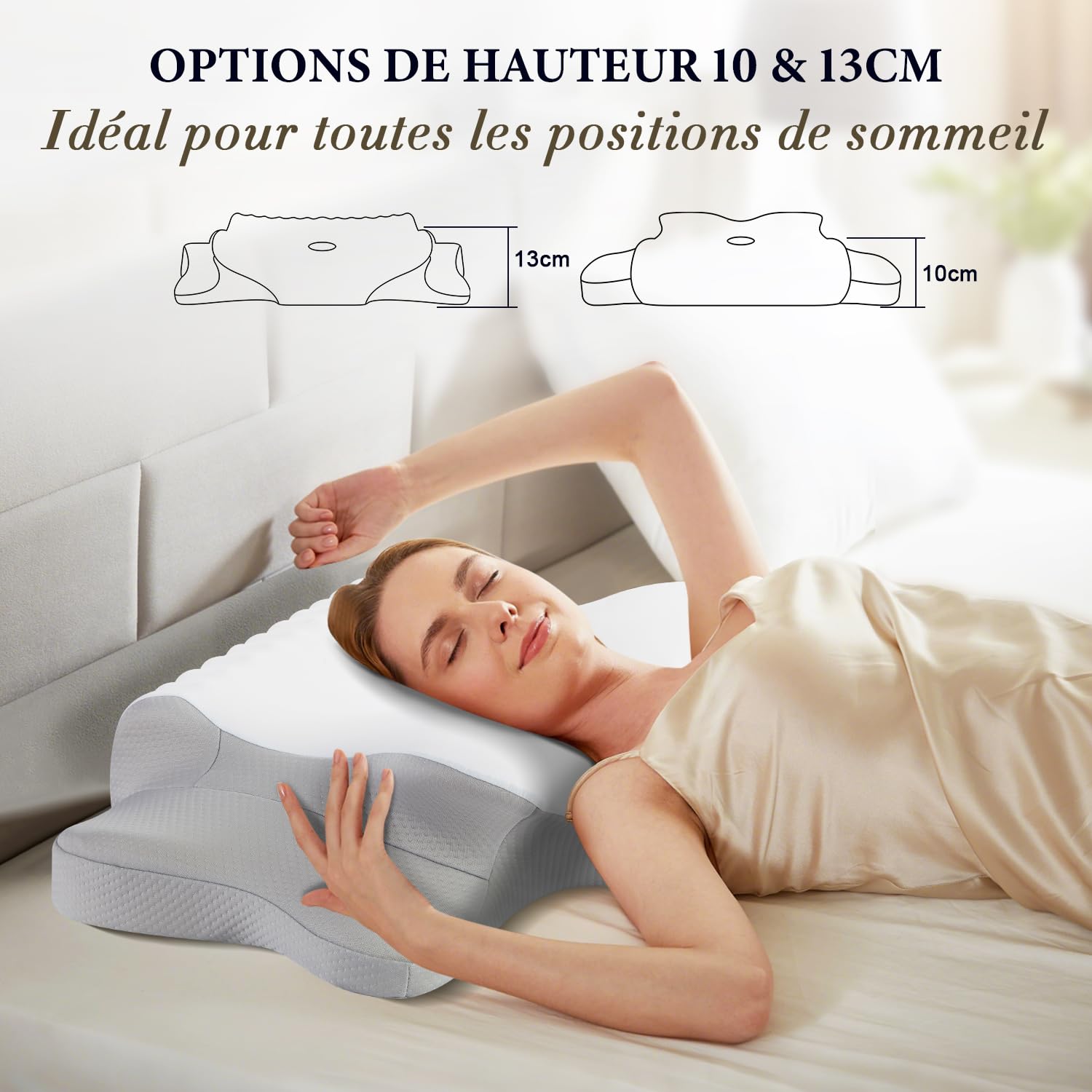KOOTETA Cuscino Cervicale Memory Foam, Cuscino Ortopedico per Dormire con Supporto per Collo e Spalle, Doppia Altezza 10/13 cm, Federa Traspirante Sfoderabile Lavabile, 64x39 cm, Grigio Chiaro