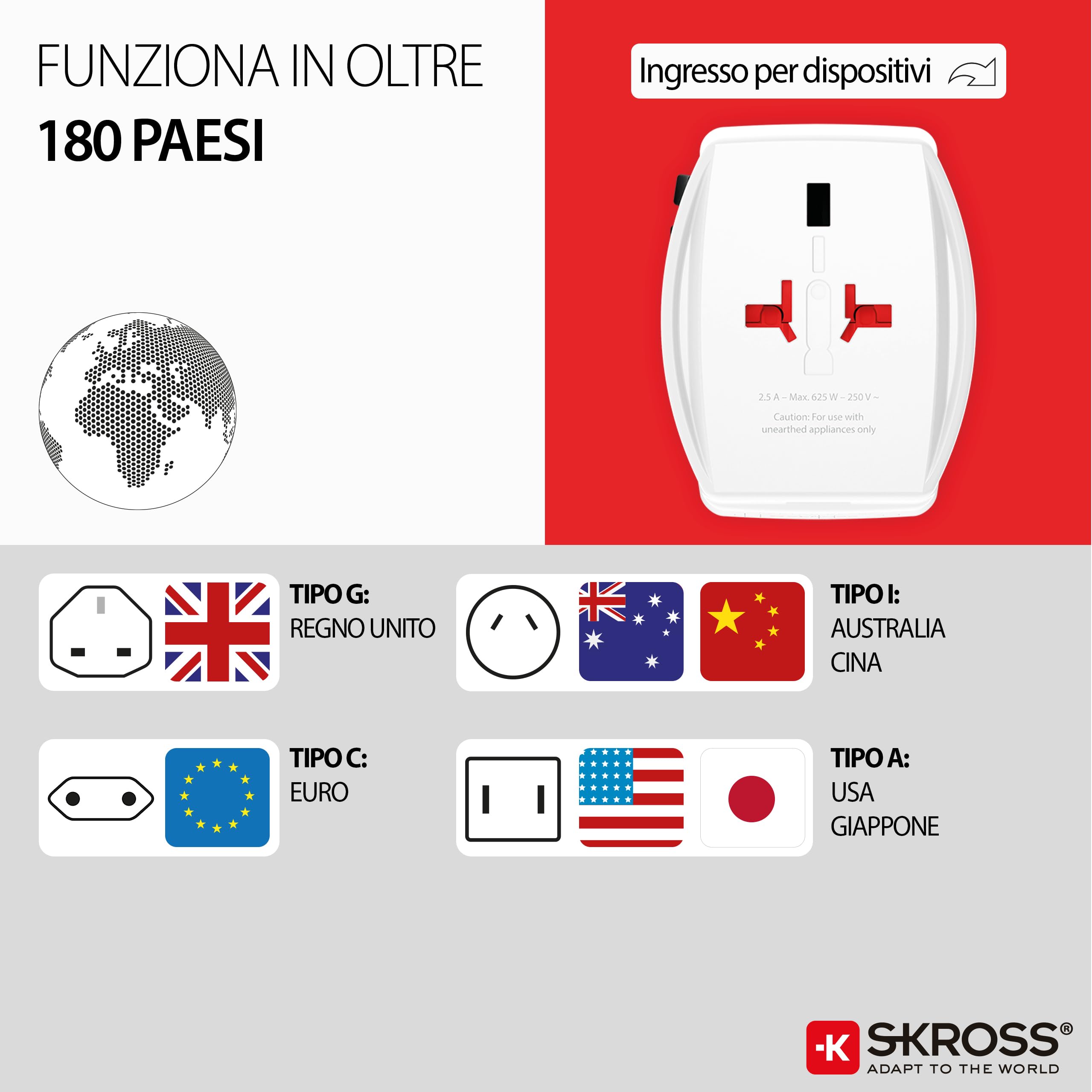 SKROSS -MUV USB AC65PD con cavo USB-C (160 cm) - Adattatore da viaggio universale a 2 poli + 1 USB C e 1 USB 65 W - Tensione e potenza: 100 V - 250 W/250 V - 625 W per laptop, tablet e smartphone