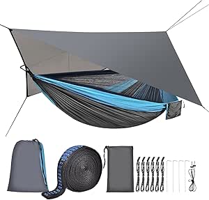 FIRINER Camping Hammock with Mosquito Net Rain Fly Heavy Duty Tree Strap Nylon Parachute Single Double Hammock Tent Waterproof Rainfly Set for Camping Backpacking Backyard Patio Hiking Travel Outdoor