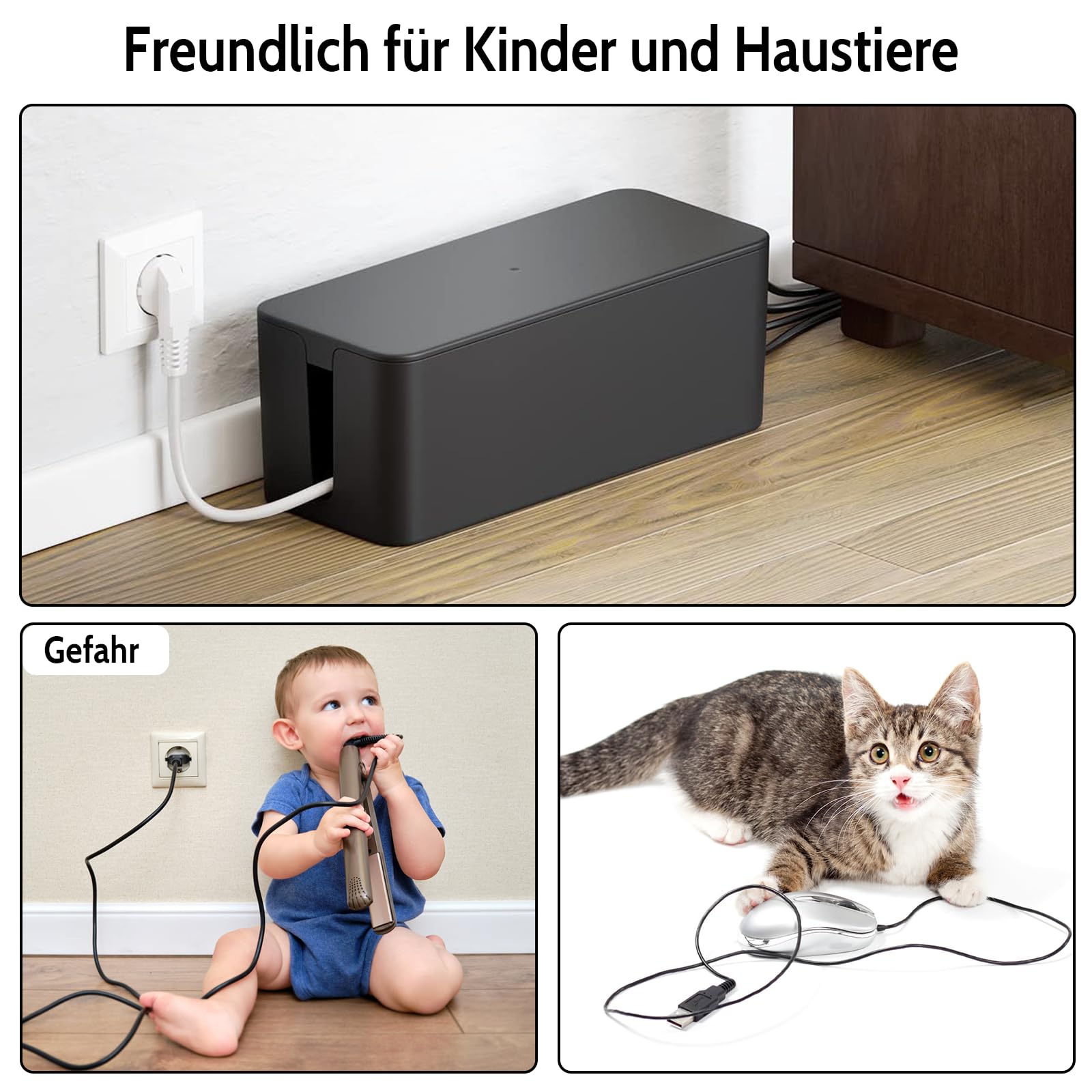 Figarge Cable Box Cable Management Box for Hiding Cable Multiple Plug Organiser Computer Wiring Loose Wires Wire Organiser Box Black - Image 3