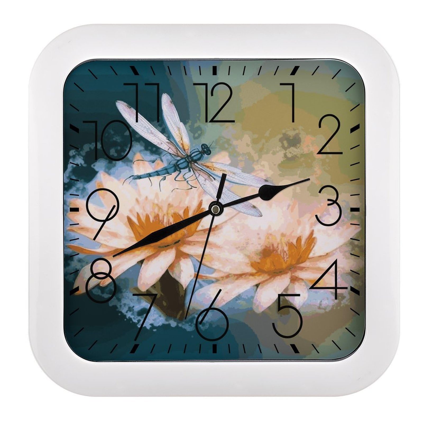 FekiLoot Flying Dragonflies Lily Flower Wall Clock 10.2" Modern Farmhouse Square Clocks Silent No Ticking, Wall Art and Timepiece Clock for Shelf Table Mantel Or Bedside Clocks