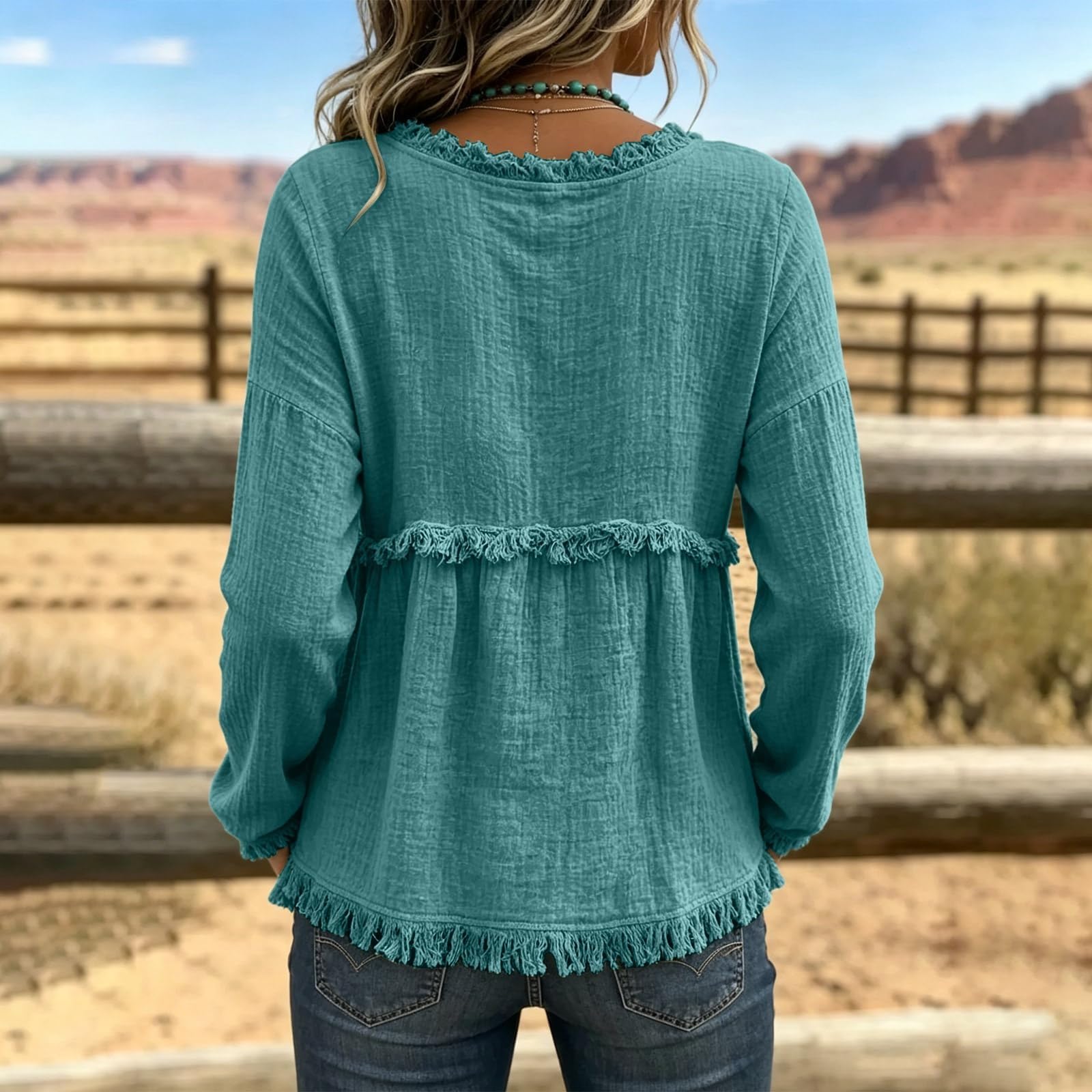 Camicie a maniche lunghe con scollo a V in garza di cotone Boho per le | Camicetta da donna in garza di cotone traspirante boho con frange sciolta fluida scollo a V leggera adatta per viaggi