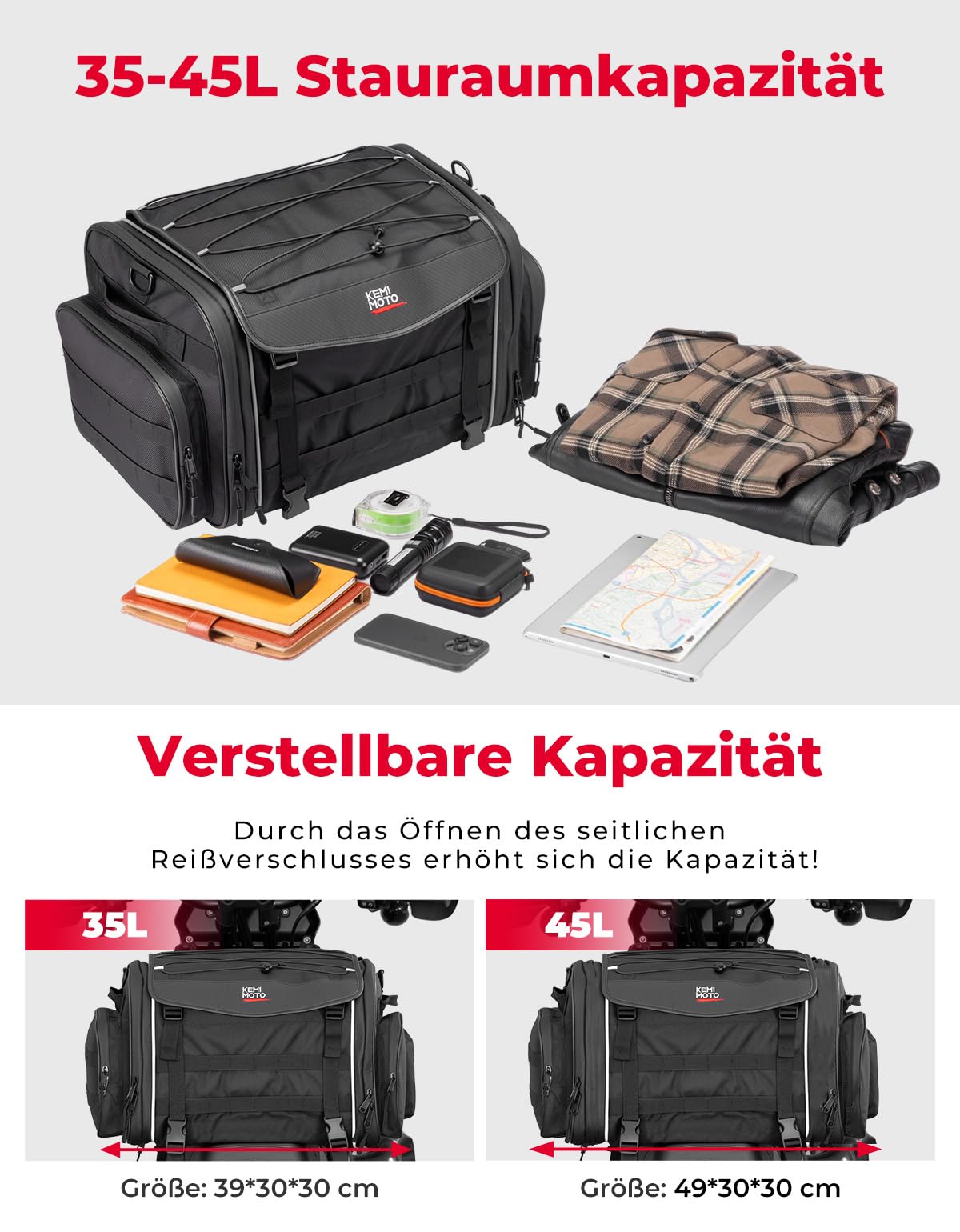 KEMIMOTO Torba motocyklowa 35-45 l, wodoszczelna torba na bagażnik motocyklowy, duża pojemność, torba podsiodłowa, torba na bagażnik z pokrowcem przeciwdeszczowym, łatwy montaż, czarna