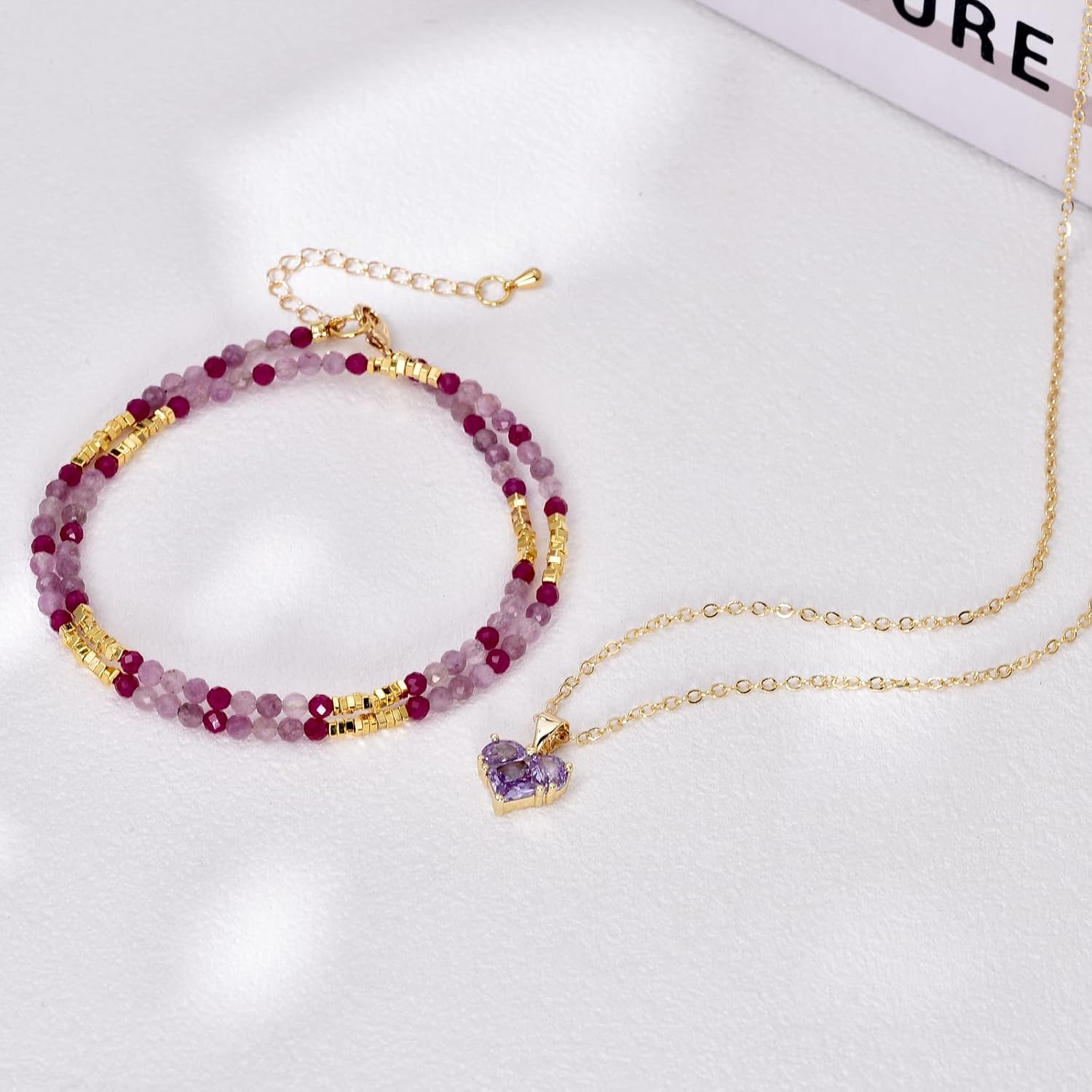 Layered Gemstone Necklace Set – 18K Gold Plated Copper Chain with Heart Pendant & Beaded Choker with Gold Square Spacers - Image 7