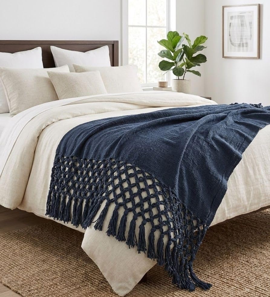 Image of HAKAM Cotton Throw Blanket with Macrame Tassels for 3 Seater Sofa | Ideal for Your Home, Living Room, Sofa, Bed, Chair, Picnic & Used for Gift - 50X70 inch (Navy Blue, 128x178 cm)