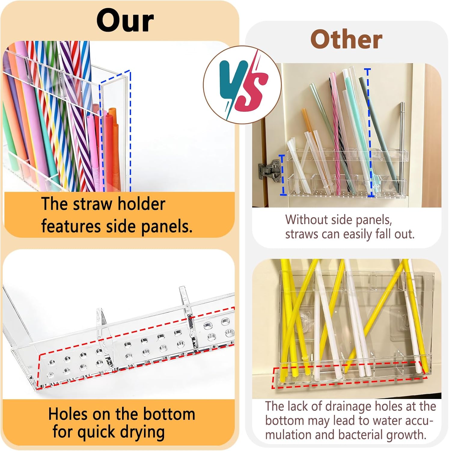 NTIERA 9.5" Large Acrylic Straw Holder for Cabinet Door-Reusable Tumbler Straw Organizer Storage,Small Kitchen Organizers and Storage Accessories Container, Ultra Sticky Cupboard Door Mounted(Black)