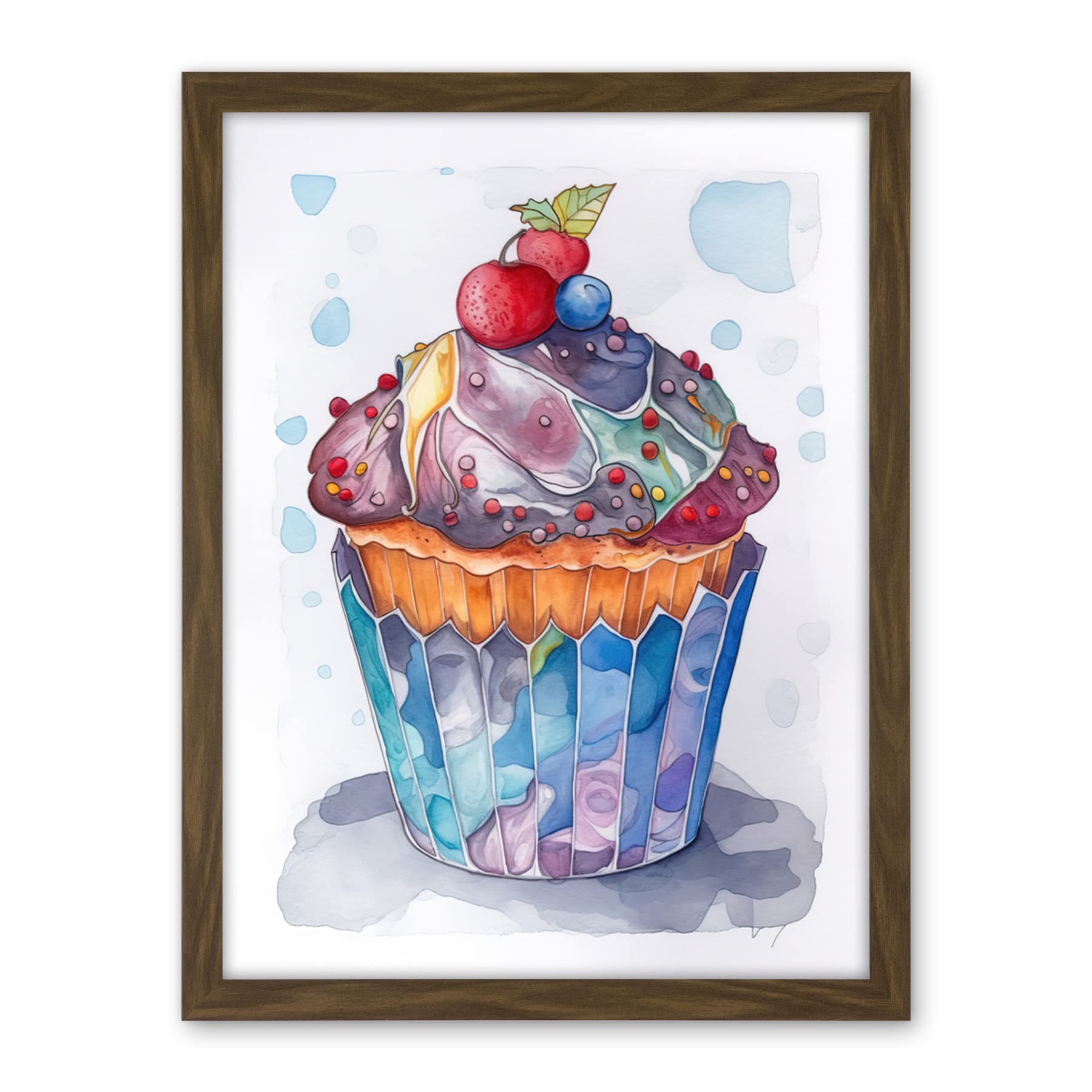 Artery8 Cupcake Icing With Fruit Folk Art Watercolour Painting Artwork Framed Wall Art Print 18X24 Inch