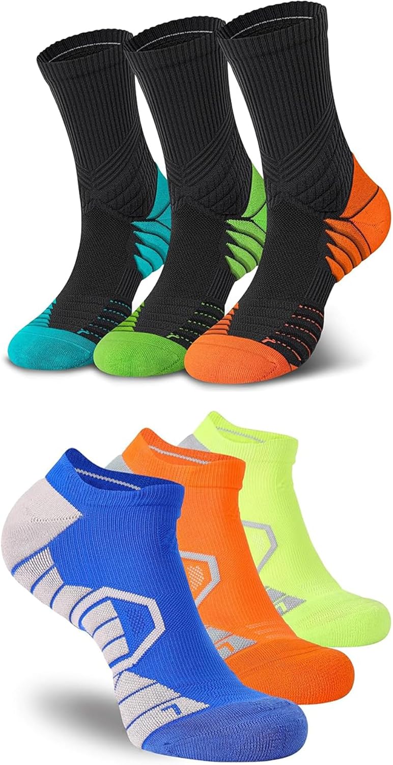 Hylaea 6 Pairs Running Socks for Men, Coolmax Anti-Blister Cushion Socks for Athletic, Padded Moisture Wicking & Seamless Size L Orange Green Blue & Green Blue Orange