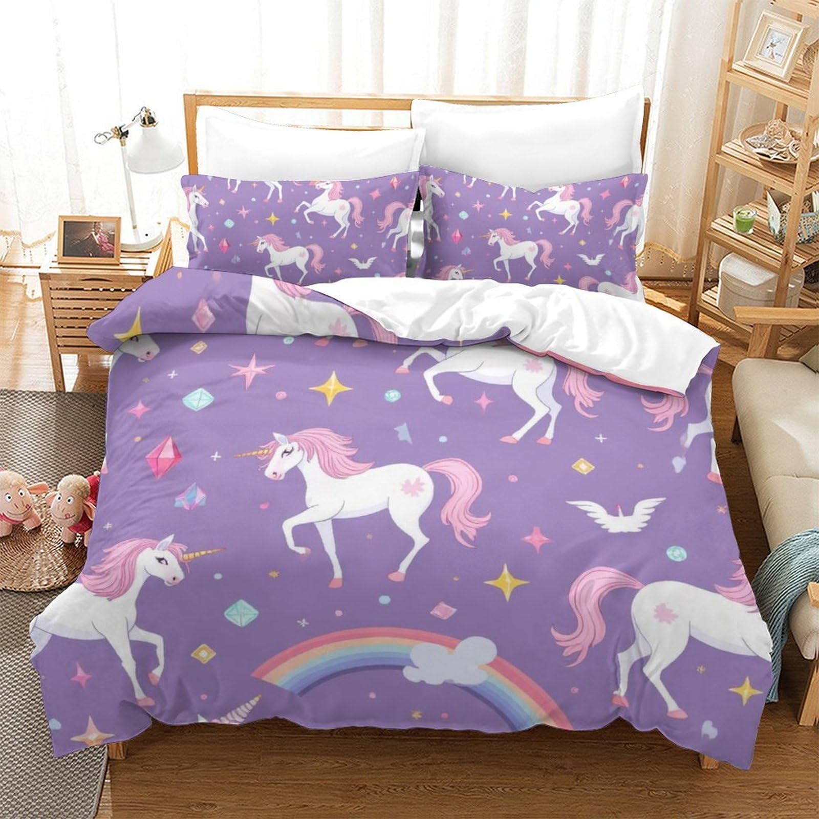 Housse de couette 2 personnes coton doux 260x220 parure lit licorne 3D