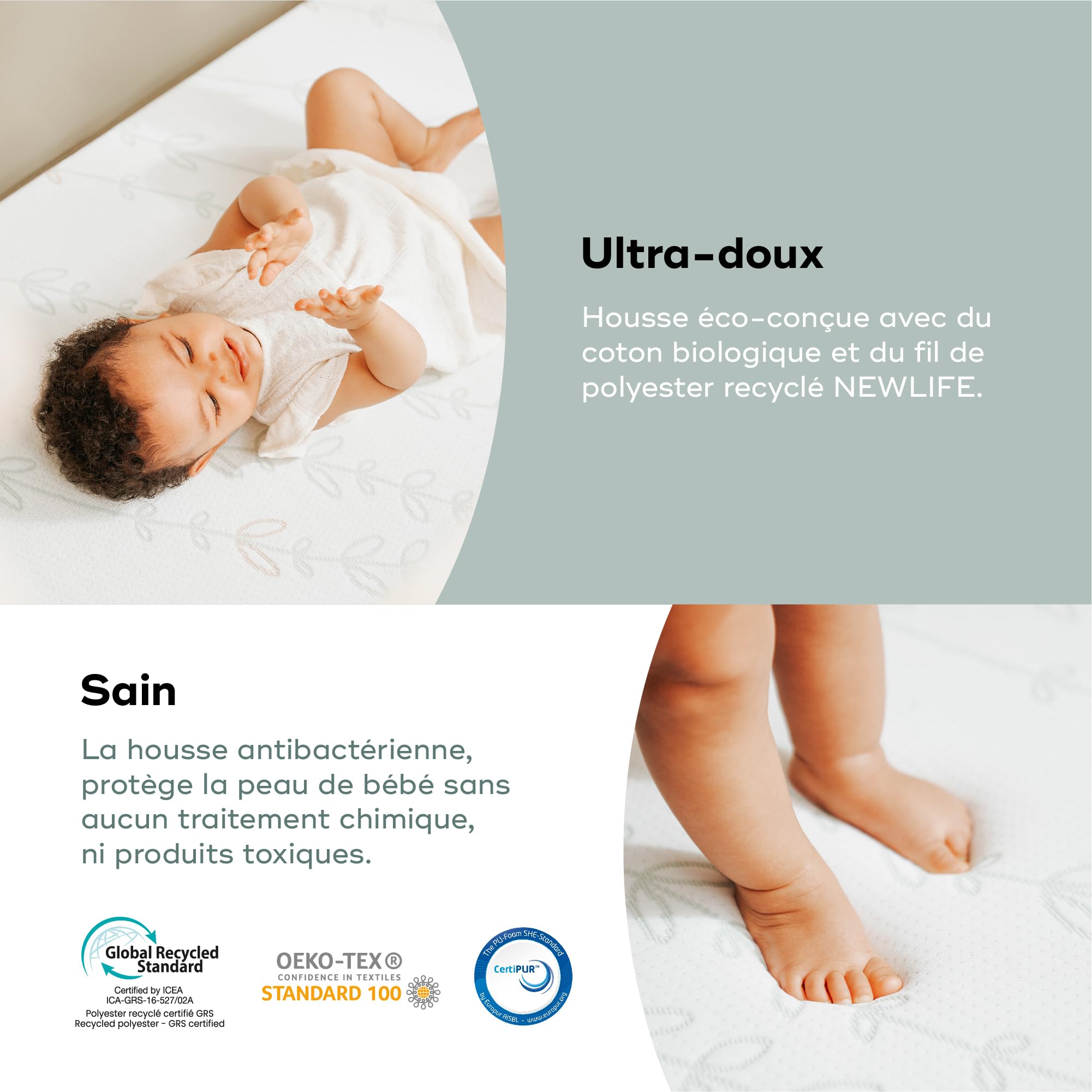 Babymoov Colchón antibacteriano Cosy'Lite de bebé 60x120 cm - sin tratamientos químicos - Espesor 10 cm - Fabricado en Portugal - Desenfundable - Con certificación Oeko-Tex®