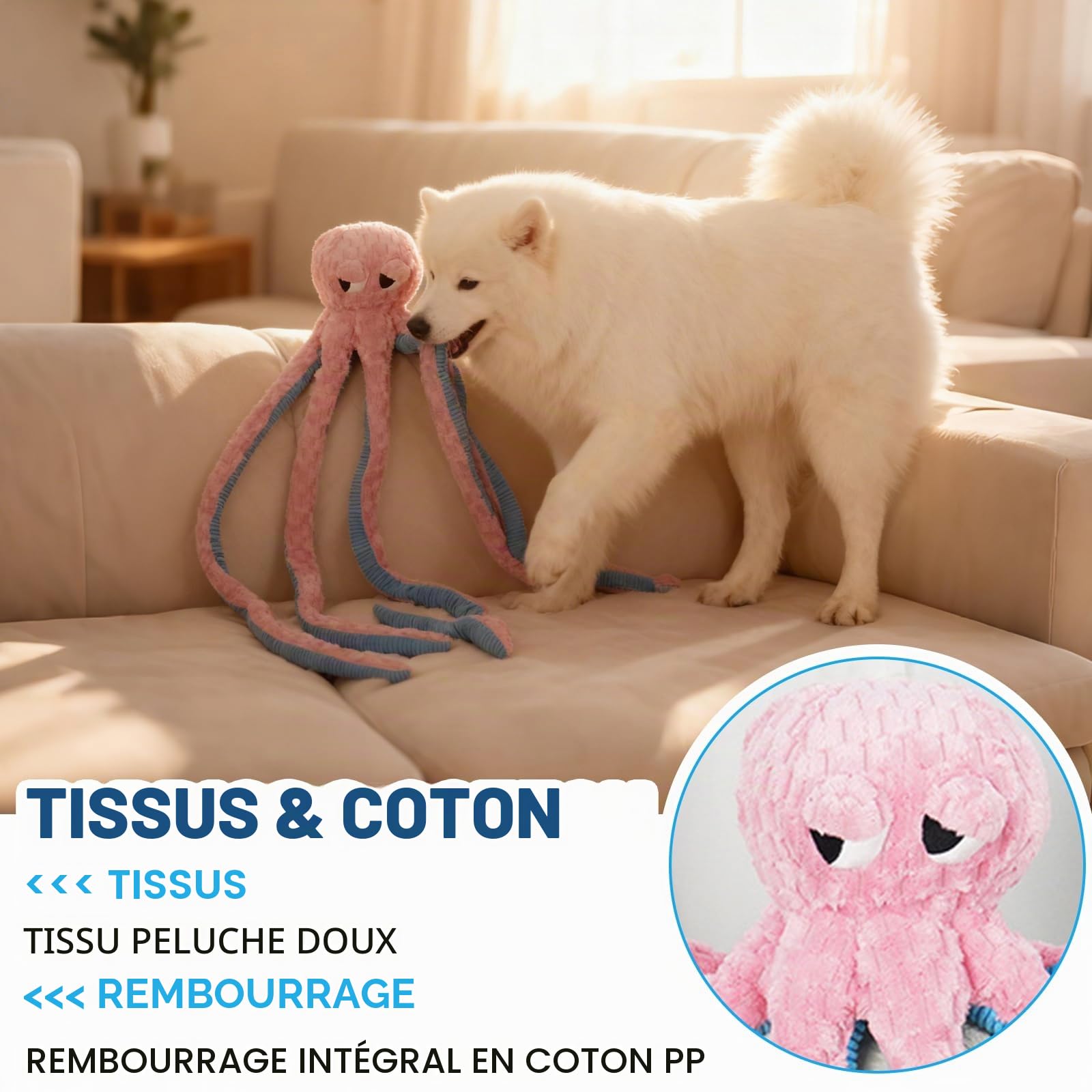 Jouet à mâcher interactif pour chien en forme de pieuvre géante de 1 m de long – Jouet couineur interactif à mâcher pour chiens de taille moyenne et grande (bleu)