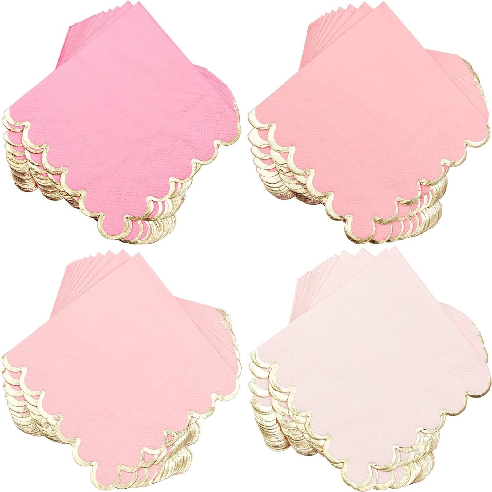 Pink Cocktail Napkins - 5 x 5 In, 100 Count, 3-Ply Scalloped, Pink & Gold - Napkins for Baby Girl & Bridal Showers & Birthday Parties