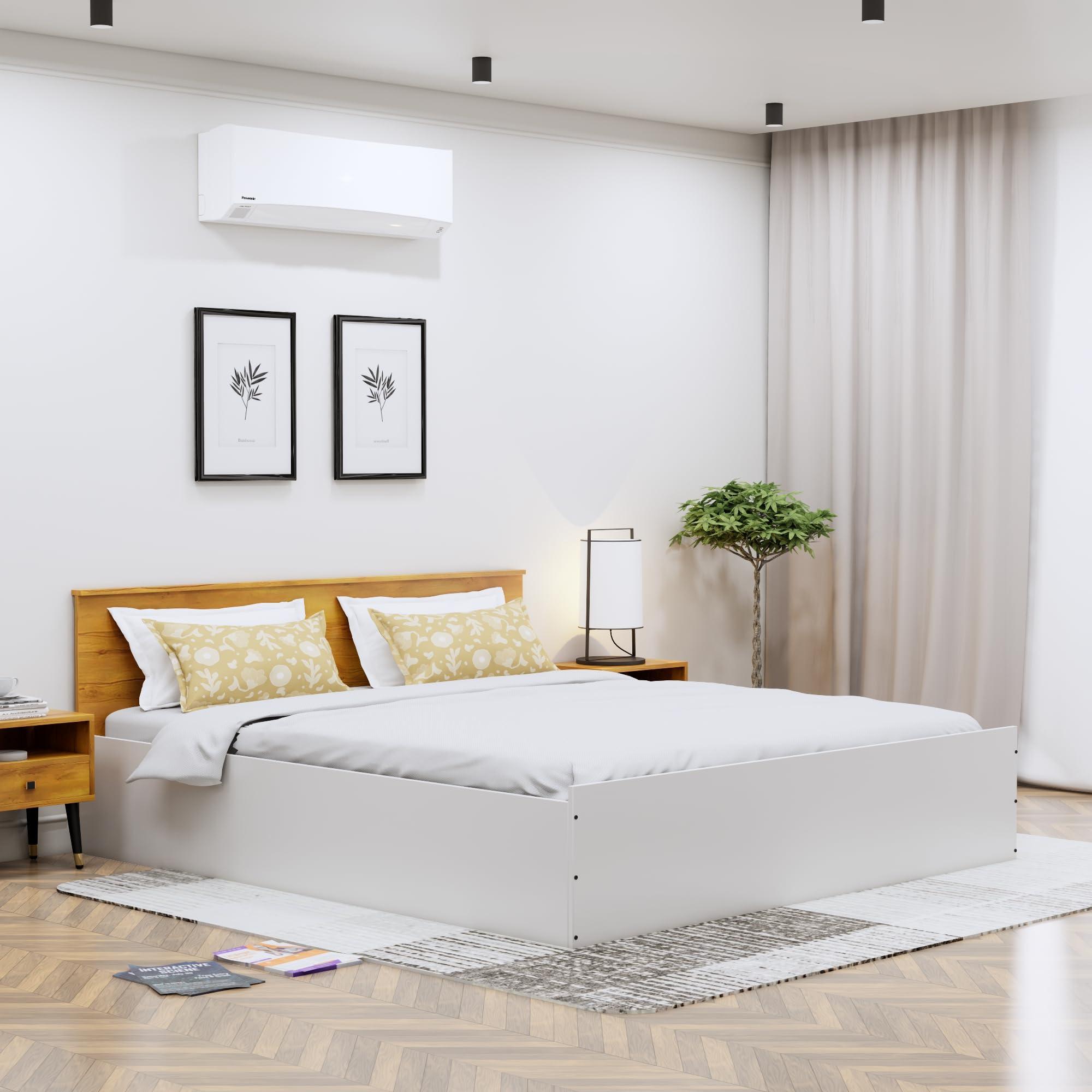 Bniture Modern King Size Bed with Storage Box | Engineered Wood Bed Designer Headboard |Wooden Bed King Size Cot Double Bed with Storage for Bedroom 3 Year Warranty (Frosty White & Giant Wood)