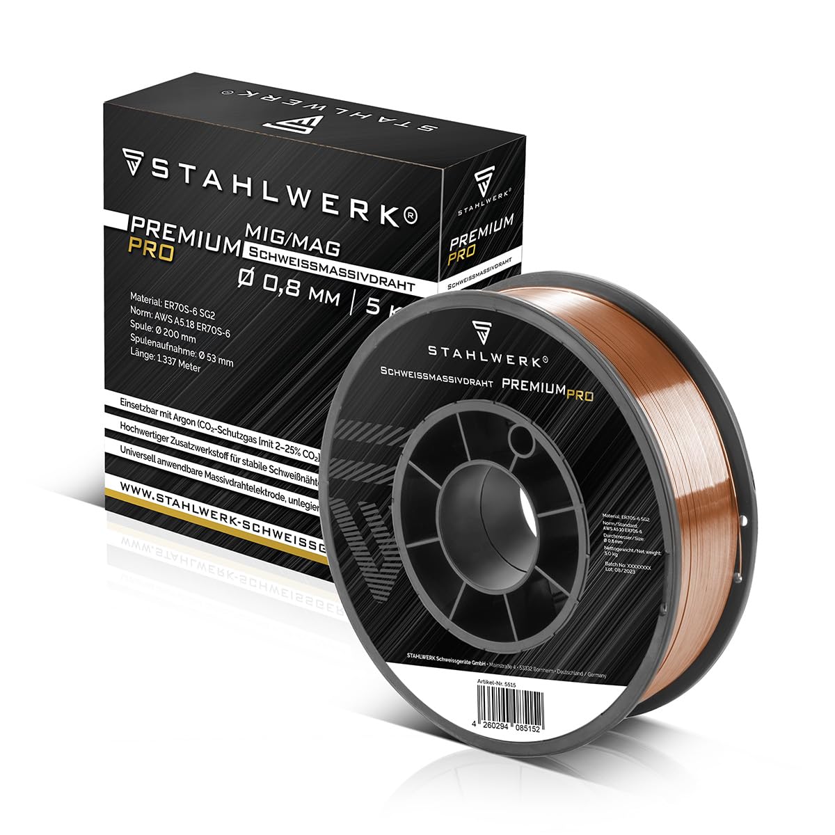 STAHLWERK MIG/MAG Stahl Schweißdraht Ø 0,8 mm ER70S-6 (SG2) – 5 kg D200-Spule für 50 mm Dorn, universell einsetzbar, hochwertiger Schweißmassivdraht für alle Stahlarbeiten mit Schutzgas, spritzarm