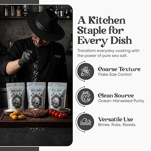 Miniatura 7 de Don Capo Paquete variado de sal marina  Flor de sal gourmet, Kosher fina y gruesa  pura, sin refinar y cosechada naturalmente  Perfecto para