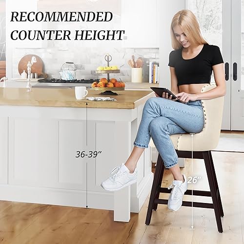 Miniatura 4 de Cozyman Counter Height Bar Stools Set of 2, 26" H Swivel Bar Stool with Back, Linen Fabric Counter Stool, Solid Wood Legs, Retro Upholstered