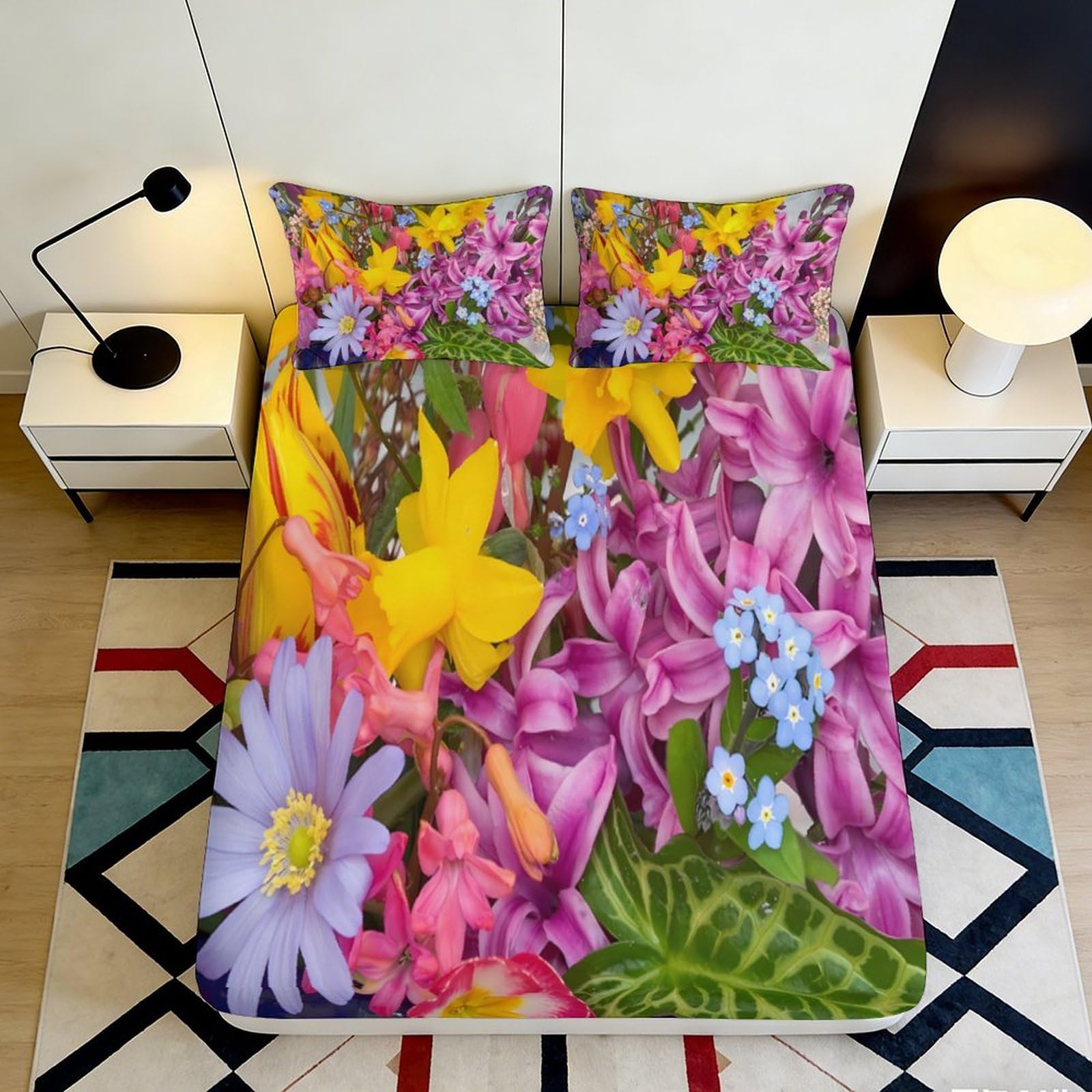 Pnayamiorkfel Style-6 3D Printed Vibrant Spring Flower Fitted Sheet Microfiber Soft Bed Cover For Bedroom Guest Room Decor Protection 90X200x25cm