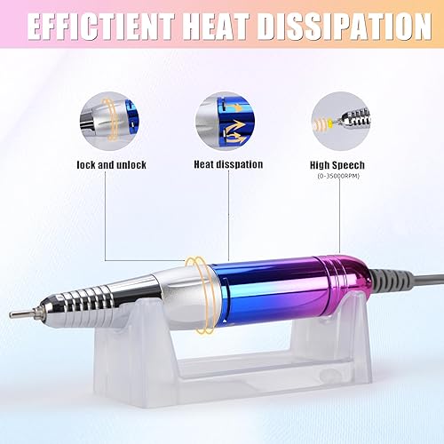 Miniatura 3 de Pourcare Taladro eléctrico de uñas para uñas acrílicas, lima de uñas eléctrica de 35000 RPM, E--File portátil - Taladro de uñas recargable para