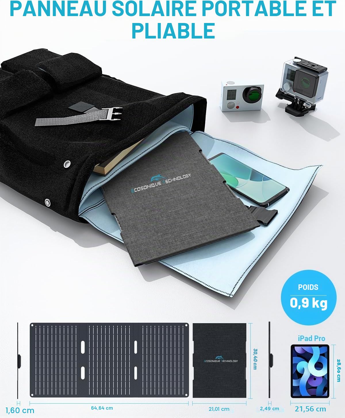 Ecosonique Panneau Solaire Pliable 30W Chargeur Solaire USB-A USB-C (5V3A) | Chargeur Solaire Pliable pour Téléphone Portable Appareil, Station d'alimentation pour le Camping, Compatible étanche IP67