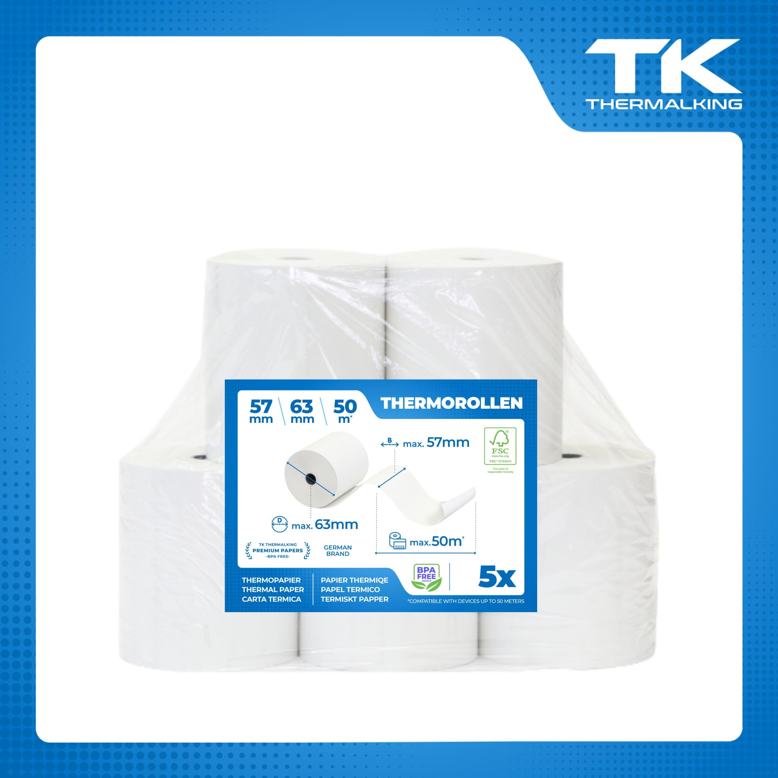 5 szt. rolek termicznych premium 57 mm x 52 mm x 12 mm – długość 50 m – papier termiczny – certyfikowany do drukarek kasowych takich jak Epson, IBM, Metapace i wielu innych.