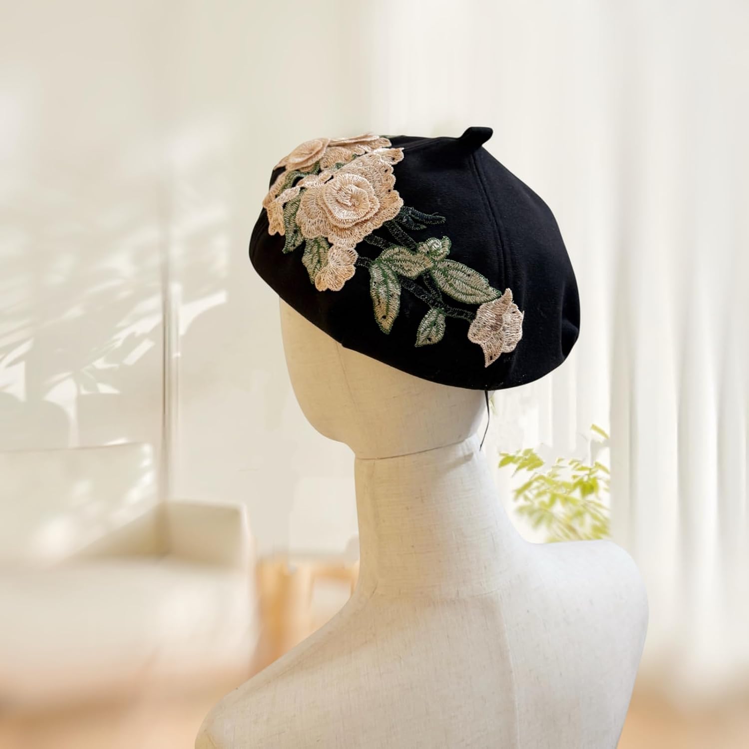 Women Elegant Flower Embroidery Beret Hat French Style Floral Summer Beret Cap