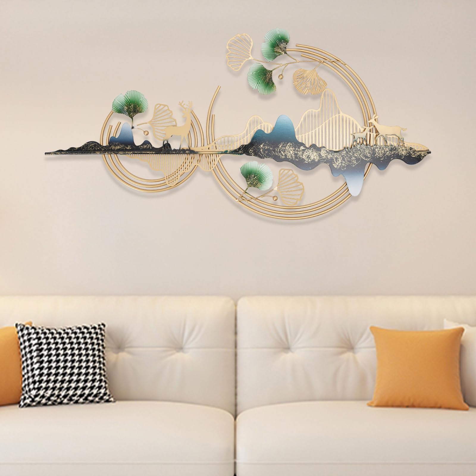 3D Ginkgo Hojas y Ciervos Decoración de Pared Metal Arte Decoración de Pared Decoración de Pared 110 x 52 cm Esculturas de Pared Dorado Decoración Fondo Decoración de Pared para Salón Dormitorio