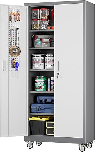 Miniatura 21 de Aobabo Armario de almacenamiento de garaje con tablero de clavijas de puerta, armario de almacenamiento de metal con cerradura con 5 estantes