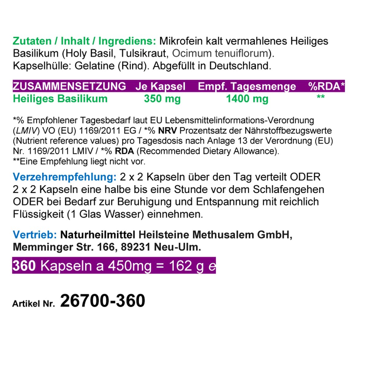 TULSIBASILIKUM 360 Kapseln Heiliges TULSI-BASILIKUM Holy-BASIL Ayurveda "indisches Königskraut" - Meditation Ruhe Entspannung - Ausgeglichen im Alltag. NATUR pur. OHNE ZUSATZSTOFFE. 26700-360