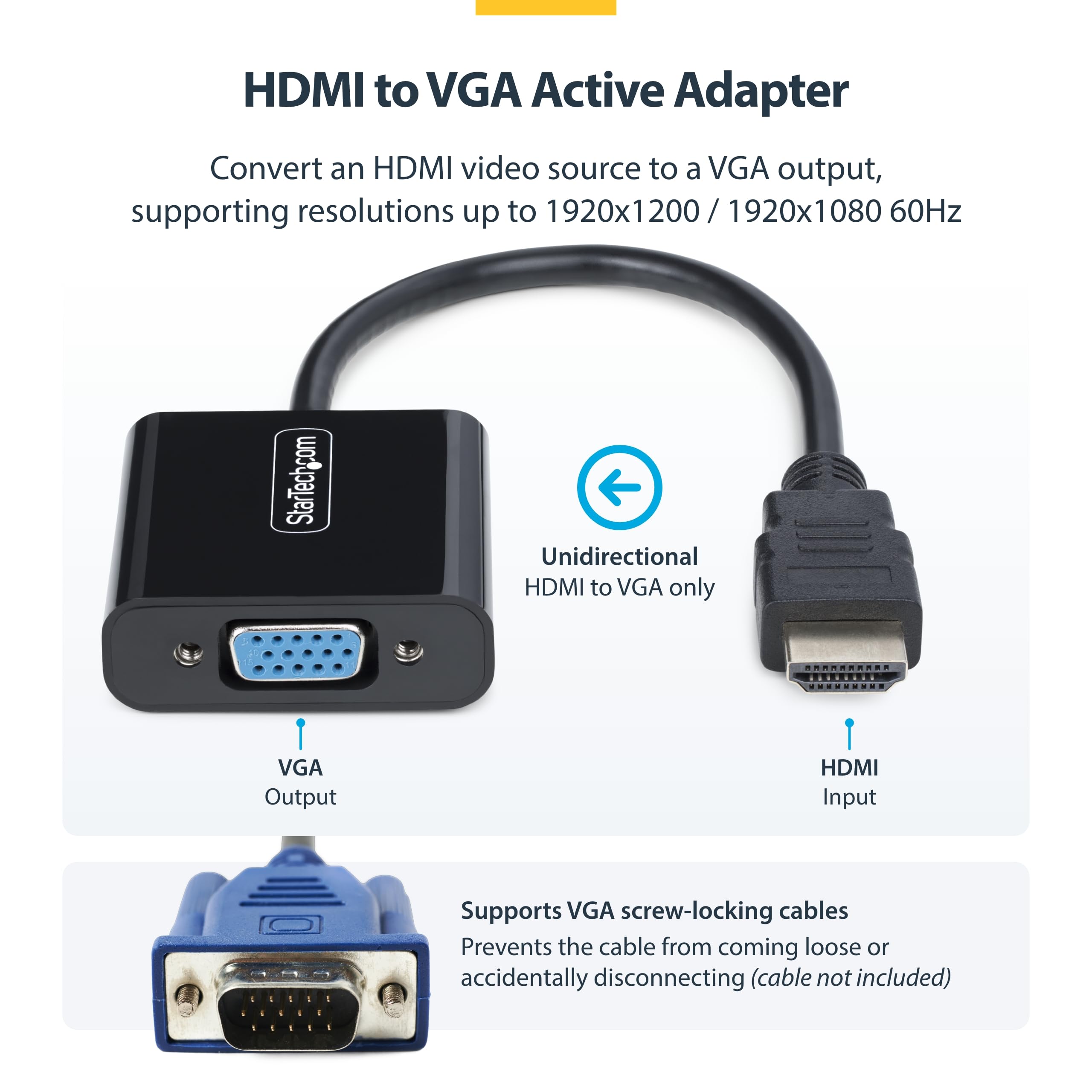 StarTech.com 1080p, HDMI na VGA, aktywny konwerter wideo do laptopa/komputera stacjonarnego, monitora HDMI na VGA