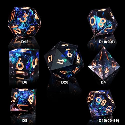 Miniatura 3 de DND - Juego de dados de resina de borde afilado, hecho a mano, 7 dados poliédricos, juego de dados DND RPG MTG, juego de dados para juegos de rol,