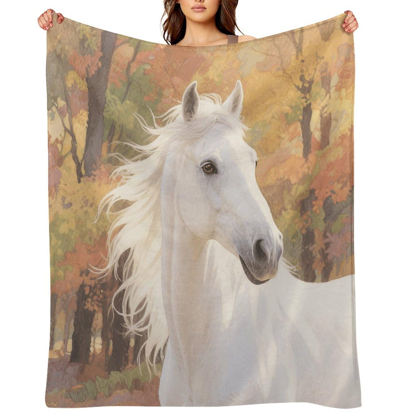 Watercolor White Horse Throw Blanket for Couch and Bed Super Soft Warm Lightweight Throw Blankets Cozy Fuzzy Flannel Blanket Personalized Decorative Blankets for Sofa Decor 40"x50"