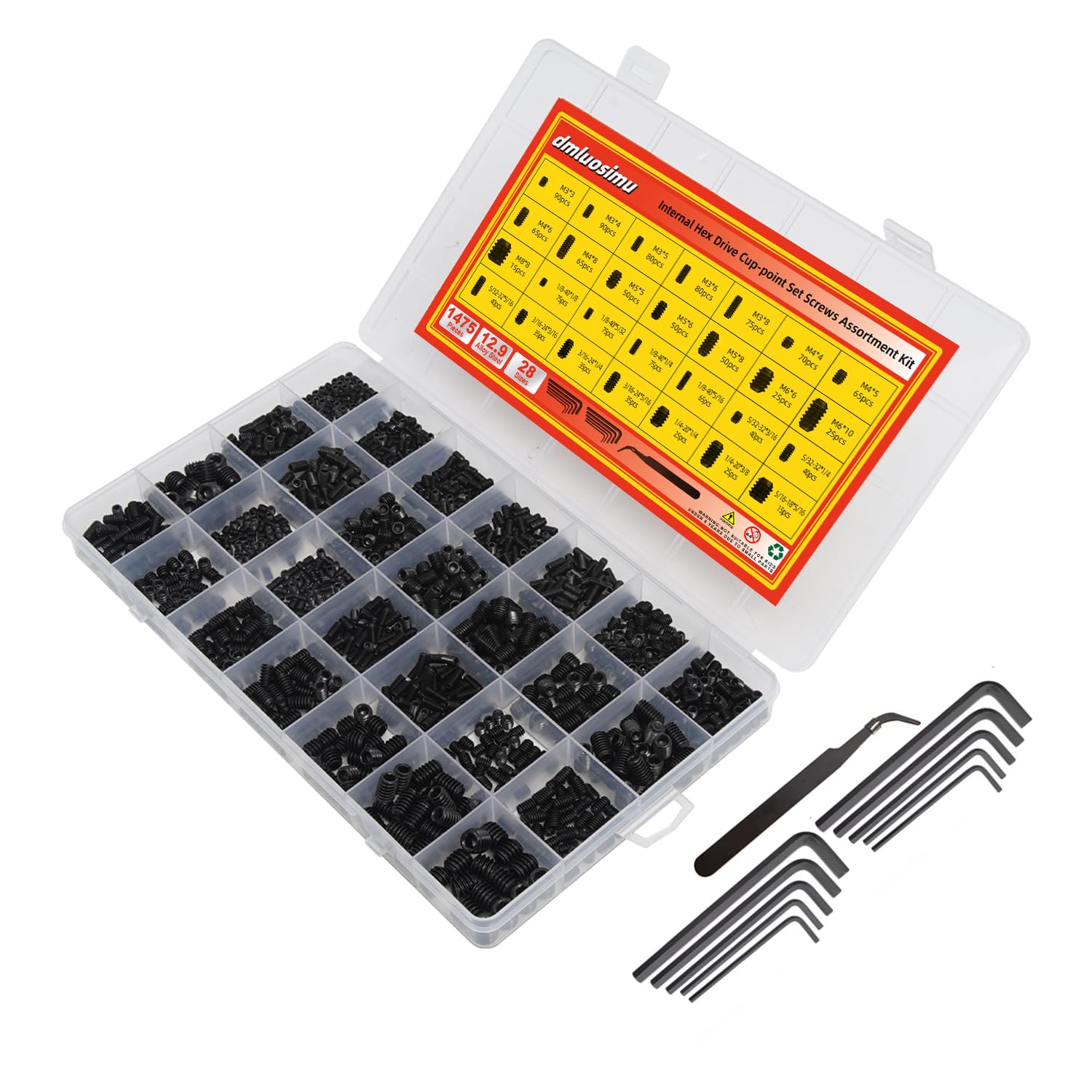 1475pcs Black Zinc Hex Socket Screws 12.9 Alloy Steel Set Screw Kit Metric M3toM8 & 1/8-40to5/16-18 with 10 Assorted Hex Keys (Different Sizes) and Tweezers.
