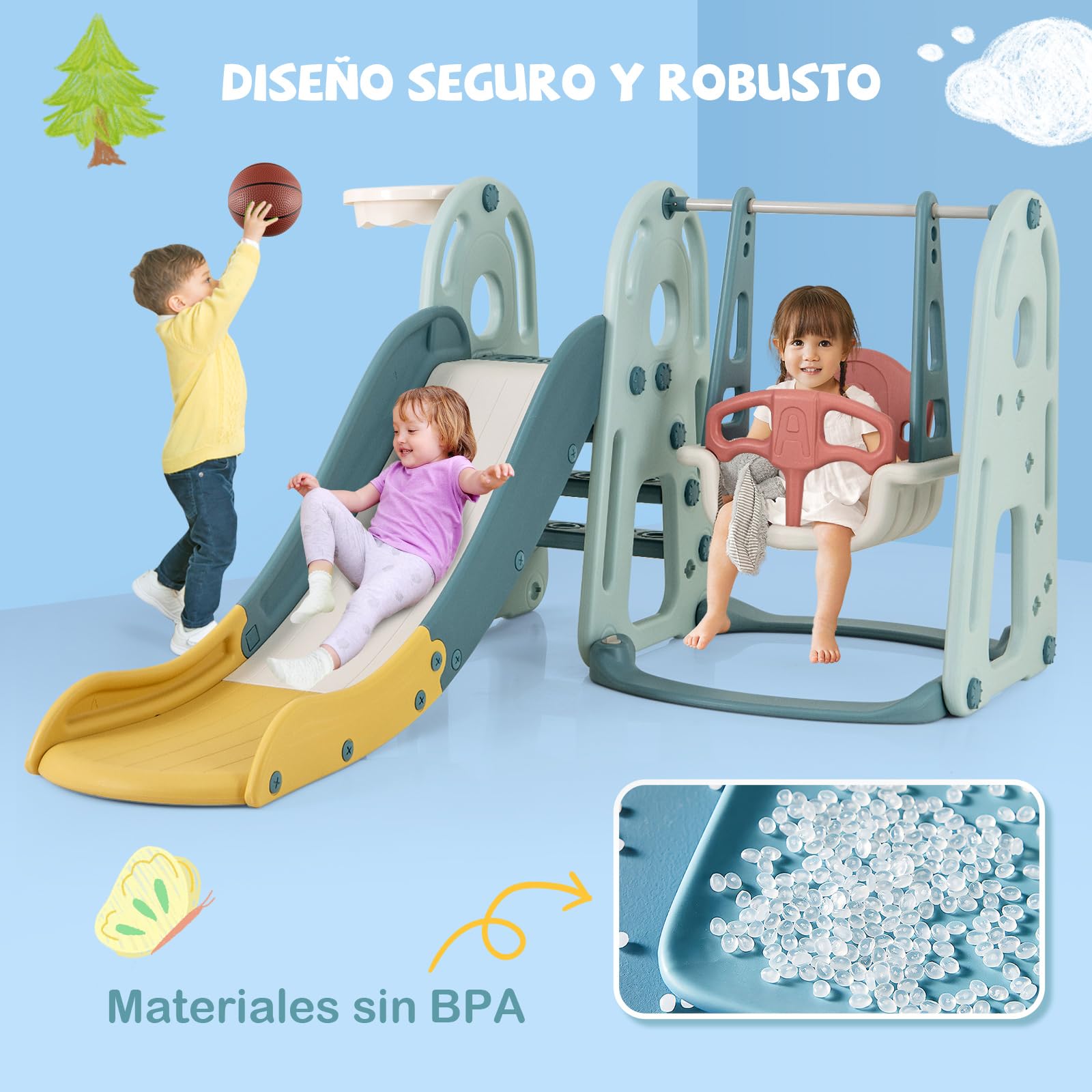 COSTWAY Toboganes Infantiles con Columpio 4 en 1, Tobogán y Columpio para Niños con Aro de Baloncesto y Escalador, Parque Infantil Interior para Niños de 18+ Meses