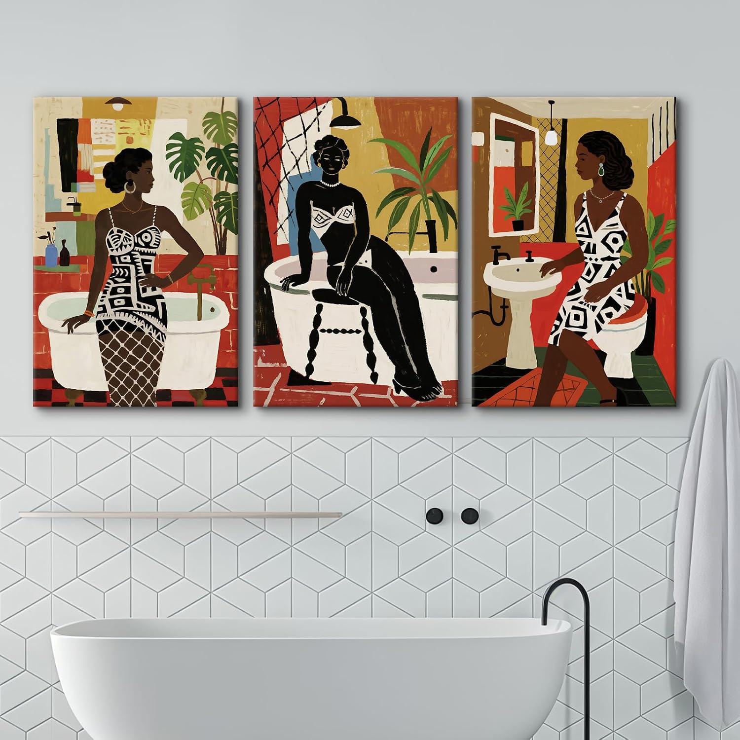 Craftline - Abstract Geometric African Black Woman Bathroom Canvas Wall Art 16x24in Retro Framed Brown Farmhouse Washroom Pictures Rustic Bathroom Print Artwork for Toilet Home Decor