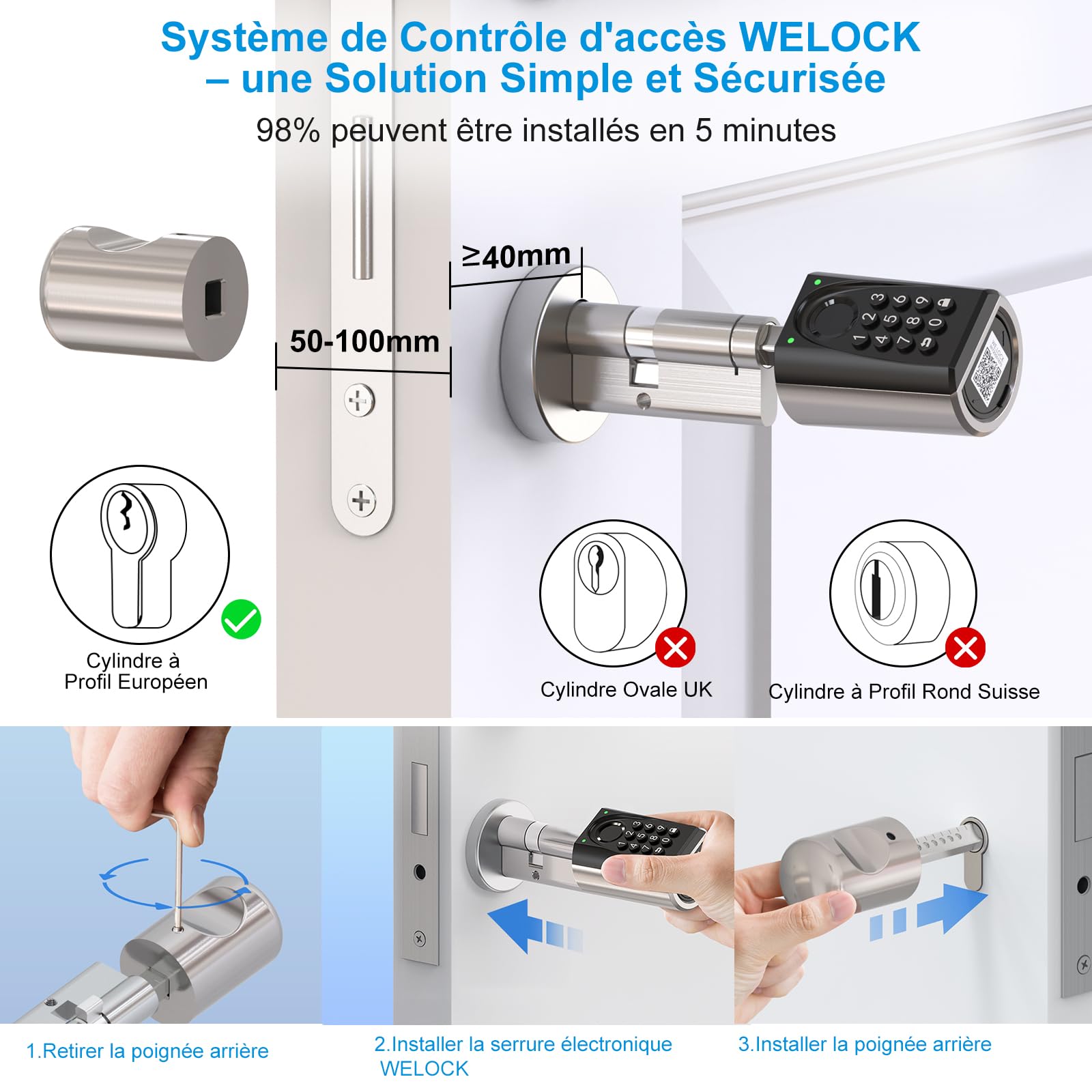 WELOCK ToucA51 Pro Serrure Connectée,Serrure Empreinte Digitale | Password,RFID Carte et APP,serrure à code WiFi,Cylindre Connecté 40×30 pour porte de 50 à 100mm,Facile à installer,Smart Lock