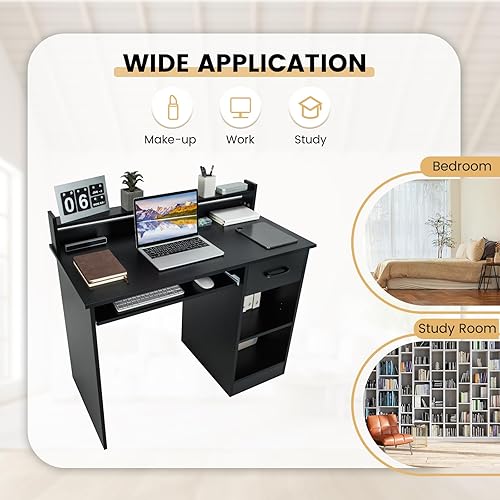 Miniatura 8 de GOFLAME Escritorio para computadora, escritorio de oficina en casa con cajones grandes, gabinete, bandeja para teclado, estantes abiertos ajustables