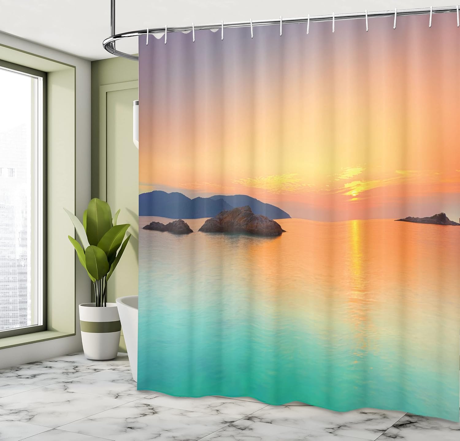 Ambesonne Beach Shower Curtain, Sunrise Over The Sea in Con Dao Vietnam Colorful Sky Horizon Skyline, Cloth Fabric Bathroom Decor Set with Hooks, 69" W x 75" L, Turquoise Orange