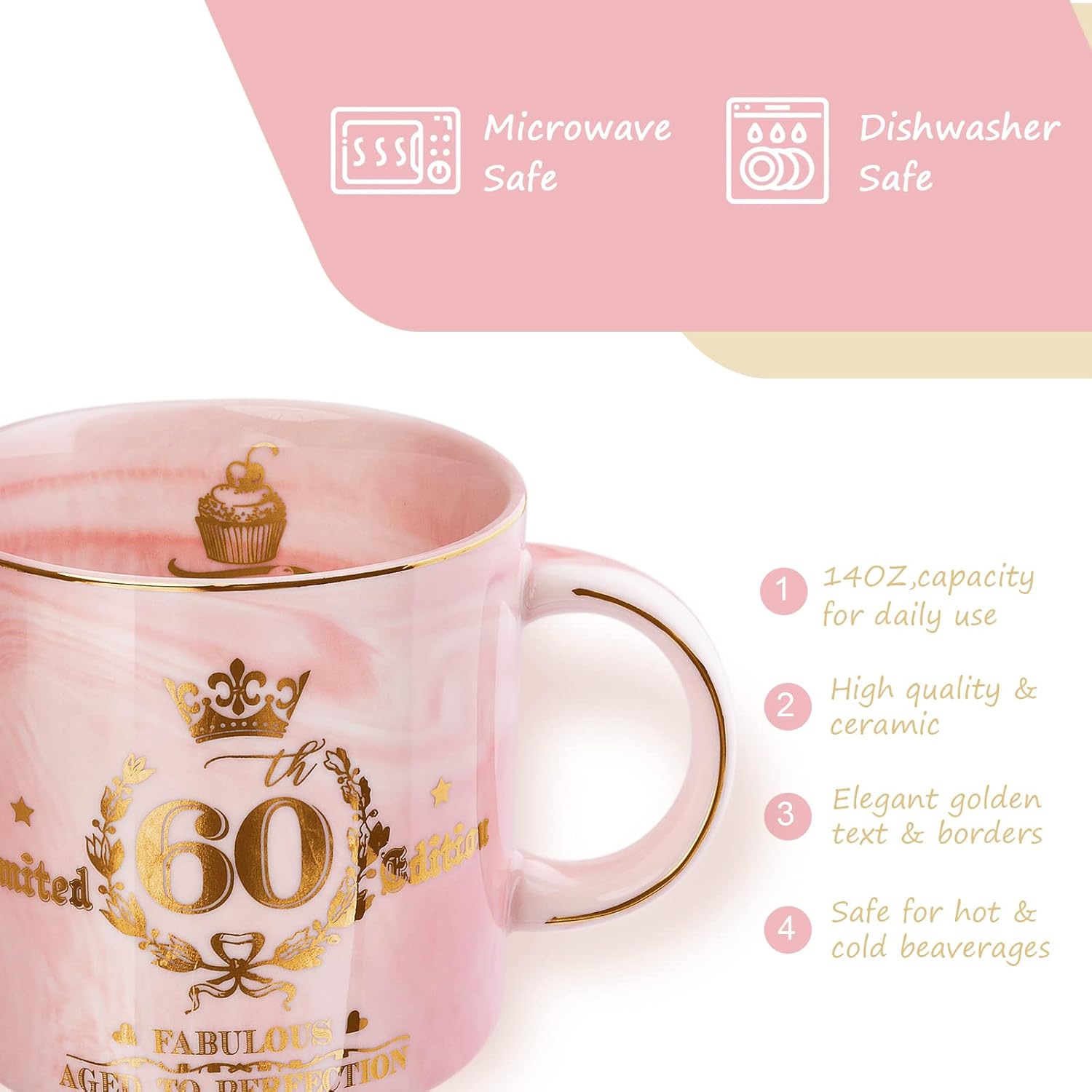 60th Birthday Gifts for Women - Fabulous 1966 Aged to Perfection Happy Birthday Mug - Limited Edition 60th Pink Coffee Mug Printed with Gold, Gift Idea for Turning 60 Years Old Women, Gift Boxed - Image 3