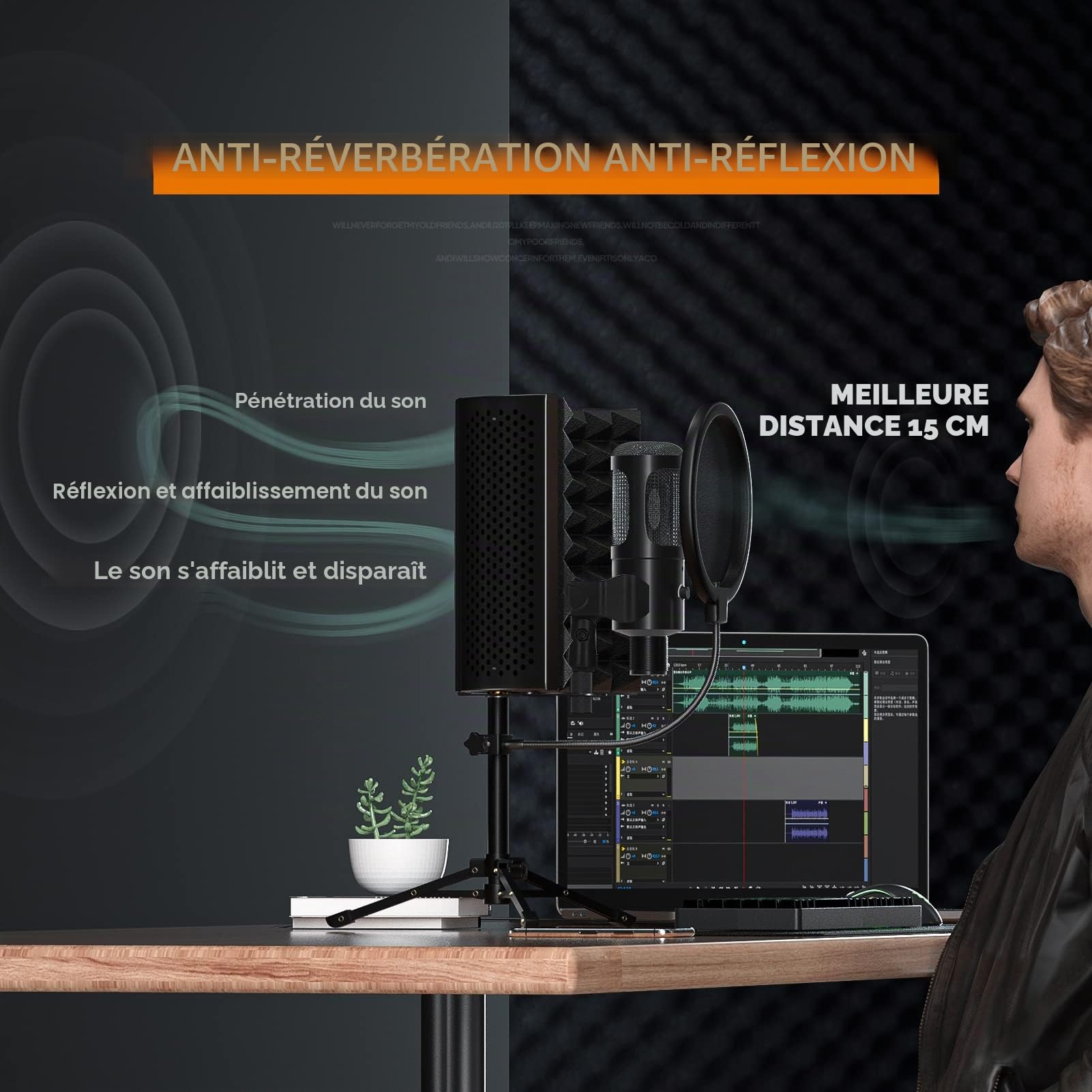 Microphone Studio d’Enregistrement avec Bouclier d’Isolation, Filtre Anti-Pop et Support Trépied Métal, Micro pour PC, Ordinateur Portable, Smartphone, Musique, Chant, Podcast