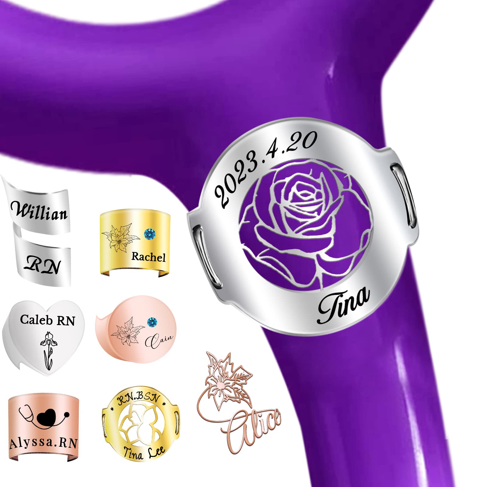 Stethoscope Name Tag Personalised Stethoscope ID Charm Accessories for Nurses Doctor Customised Engraved Name Badge with Birth Flower Nurses Week Gift
